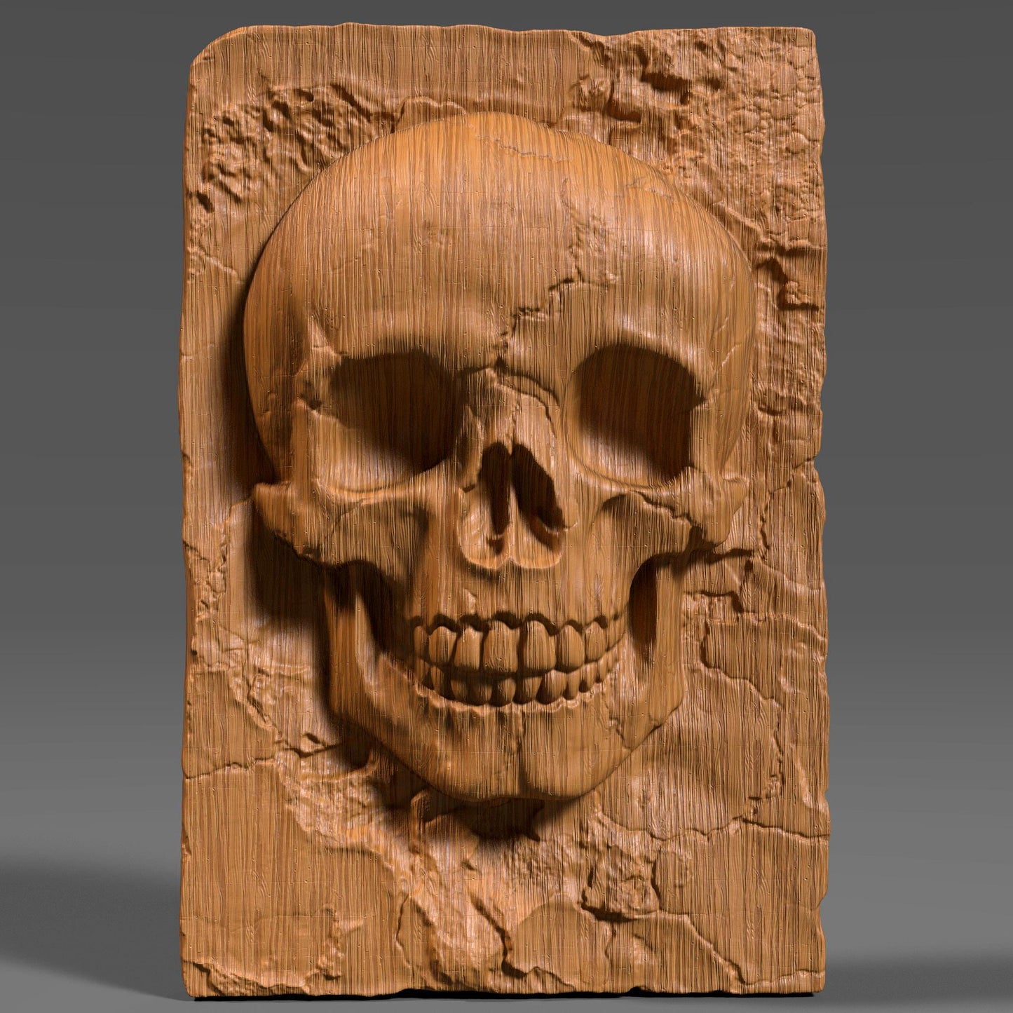 A highly detailed 3D bas-relief carving of a human skull sculpted into a cracked stone or wood-textured slab. Ideal for CNC carving, laser engraving, or 3D printing. The model captures intricate anatomical details, surface cracks, and natural wear, giving it a gothic, macabre aesthetic. Perfect for gothic decor, tattoo studio walls, Halloween props, or dark art collections. Shown in both raw wood and aged ivory textures for realistic previews.