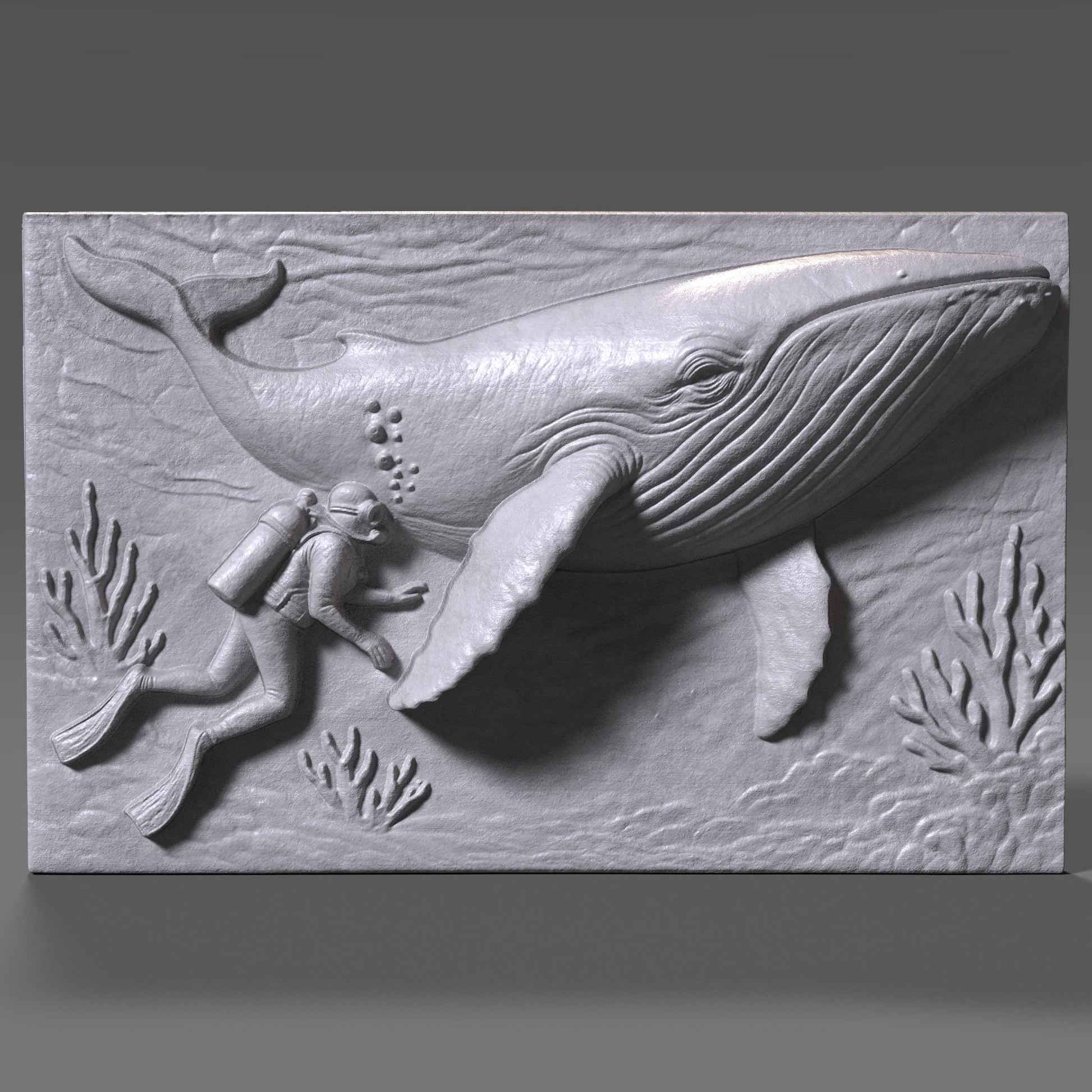 A detailed rectangular 3D bas-relief of a scuba diver peacefully swimming beside a majestic whale in an underwater ocean scene, surrounded by coral. This artwork captures a serene marine encounter and is ideal for ocean-themed summer decor, diving enthusiasts, and coastal interior styles. Suitable for CNC carving, laser engraving, or 3D printing in wood, resin, or stone for beach homes, nautical gifts, or sea life wall panels.