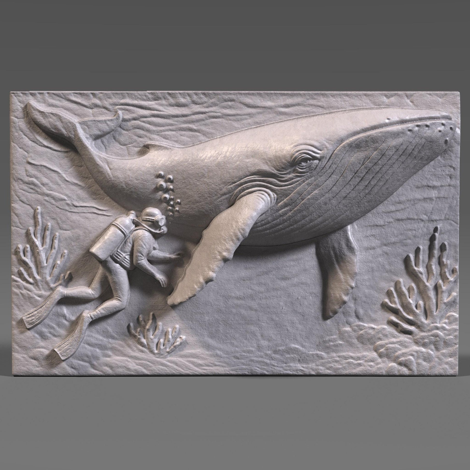 A detailed rectangular 3D bas-relief of a scuba diver peacefully swimming beside a majestic whale in an underwater ocean scene, surrounded by coral. This artwork captures a serene marine encounter and is ideal for ocean-themed summer decor, diving enthusiasts, and coastal interior styles. Suitable for CNC carving, laser engraving, or 3D printing in wood, resin, or stone for beach homes, nautical gifts, or sea life wall panels.