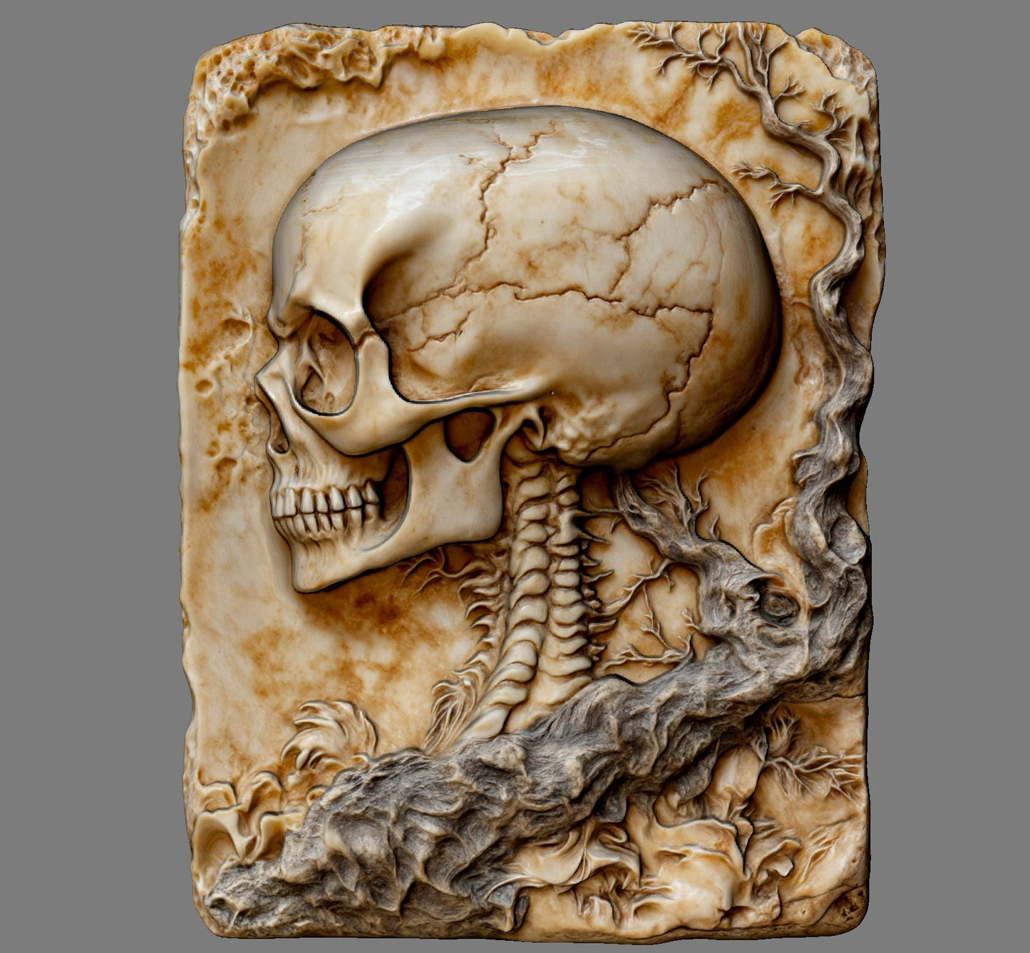 A highly detailed 3D bas-relief carving of a human skull sculpted into a cracked stone or wood-textured slab. Ideal for CNC carving, laser engraving, or 3D printing. The model captures intricate anatomical details, surface cracks, and natural wear, giving it a gothic, macabre aesthetic. Perfect for gothic decor, tattoo studio walls, Halloween props, or dark art collections. Shown in both raw wood and aged ivory textures for realistic previews.