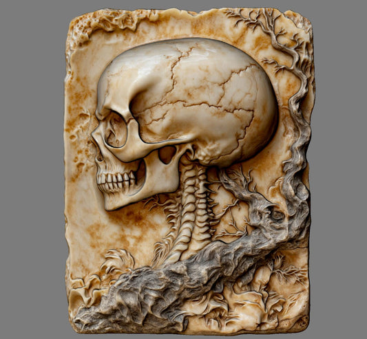 A highly detailed 3D bas-relief carving of a human skull sculpted into a cracked stone or wood-textured slab. Ideal for CNC carving, laser engraving, or 3D printing. The model captures intricate anatomical details, surface cracks, and natural wear, giving it a gothic, macabre aesthetic. Perfect for gothic decor, tattoo studio walls, Halloween props, or dark art collections. Shown in both raw wood and aged ivory textures for realistic previews.