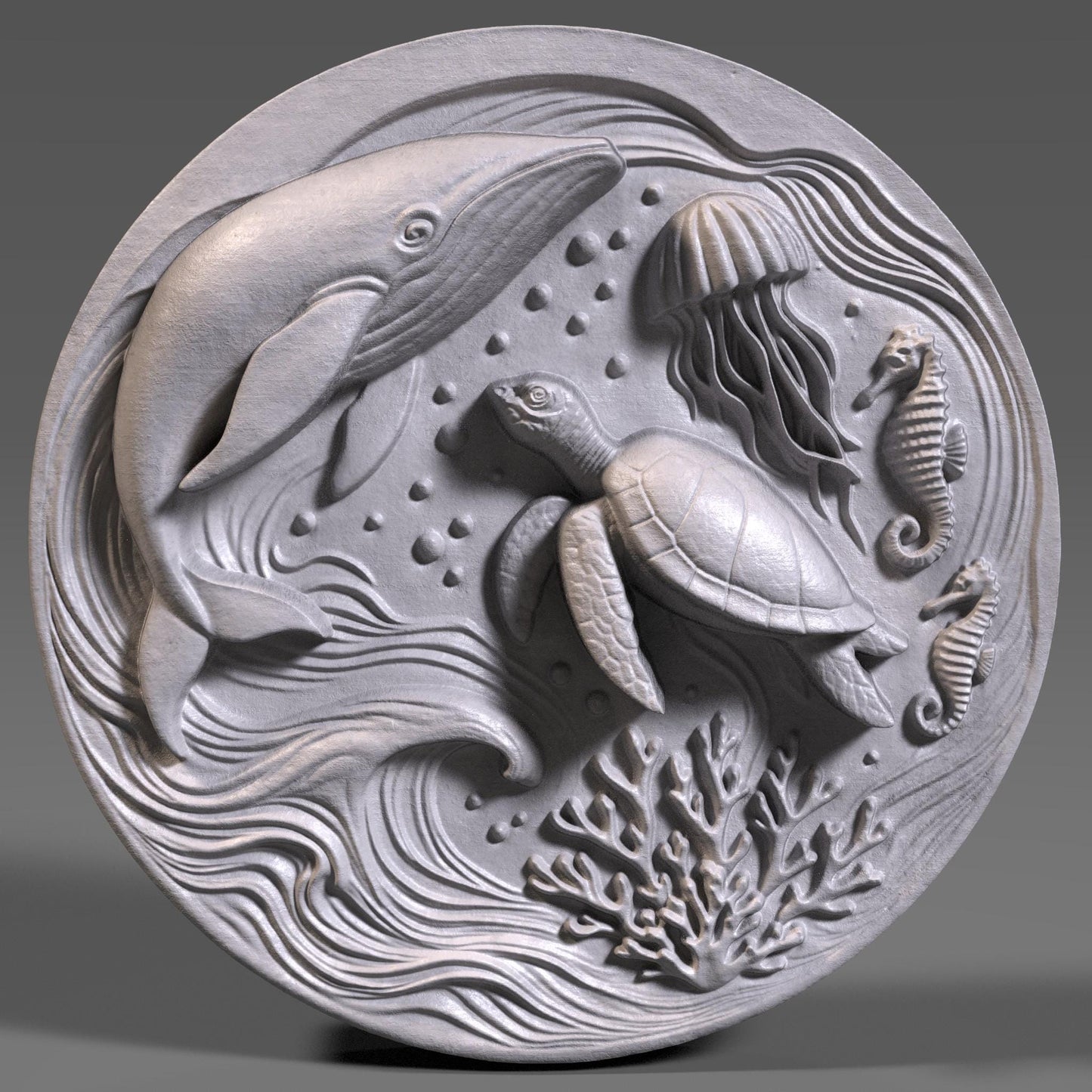 Highly detailed ocean-themed bas relief featuring a majestic sea turtle, graceful whale, elegant jellyfish, and playful seahorses, all set in a dynamic underwater swirl of coral reefs and bubbles. This summer marine design is perfect for wall art, CNC carving, laser engraving, or 3D printing, capturing the essence of ocean life and coastal vibes. Ideal as a decorative gift for ocean lovers, summer events, beach homes, and aquatic-themed decor.
