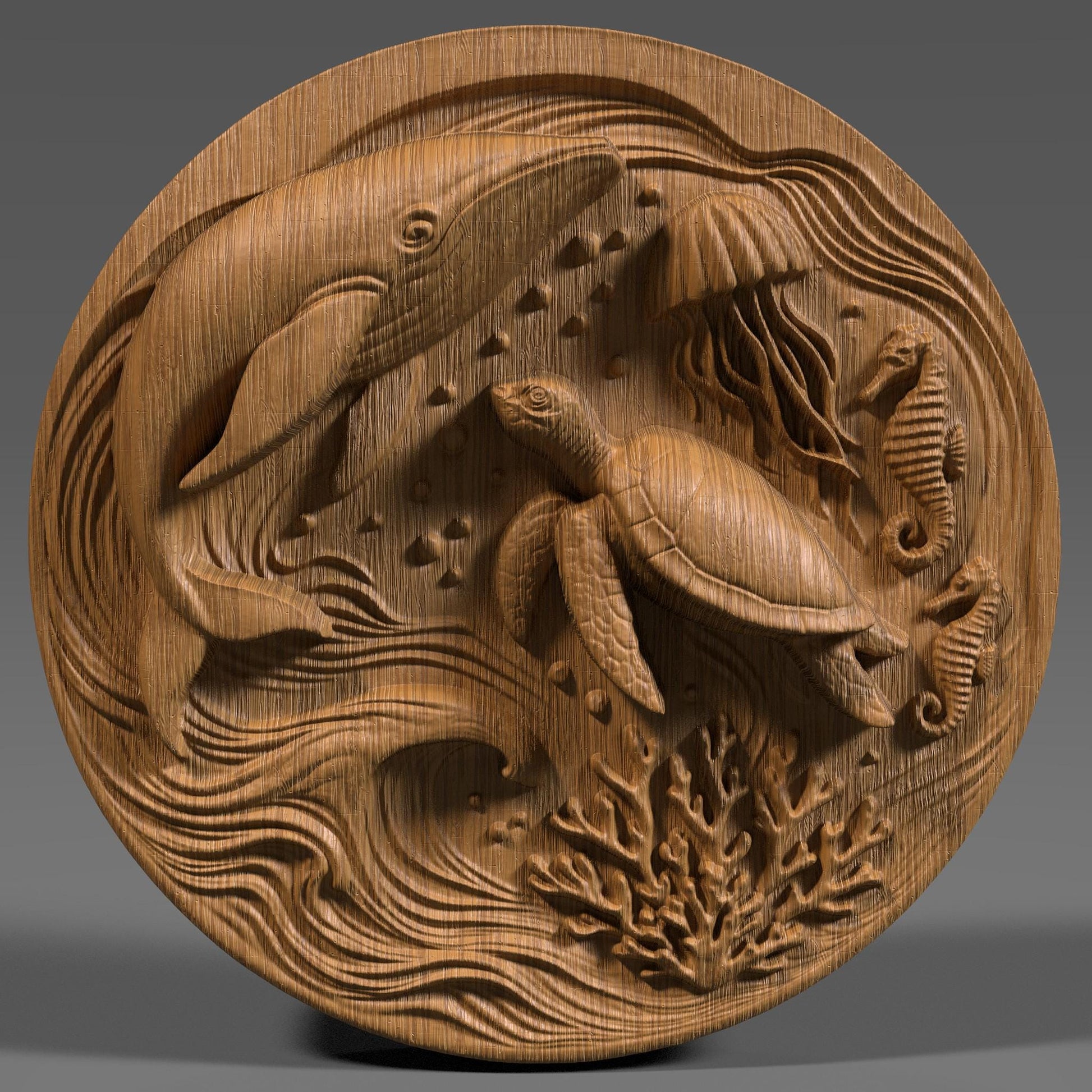 Highly detailed ocean-themed bas relief featuring a majestic sea turtle, graceful whale, elegant jellyfish, and playful seahorses, all set in a dynamic underwater swirl of coral reefs and bubbles. This summer marine design is perfect for wall art, CNC carving, laser engraving, or 3D printing, capturing the essence of ocean life and coastal vibes. Ideal as a decorative gift for ocean lovers, summer events, beach homes, and aquatic-themed decor.
