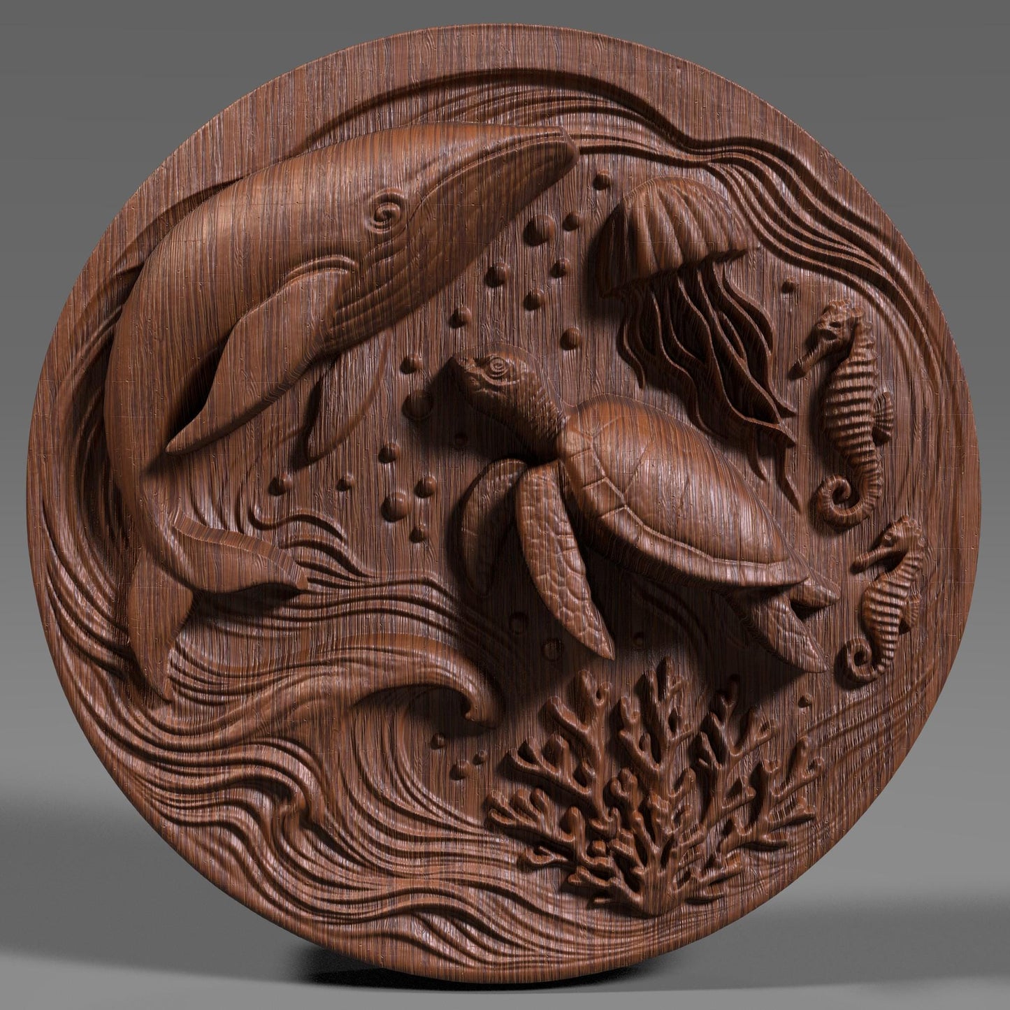Highly detailed ocean-themed bas relief featuring a majestic sea turtle, graceful whale, elegant jellyfish, and playful seahorses, all set in a dynamic underwater swirl of coral reefs and bubbles. This summer marine design is perfect for wall art, CNC carving, laser engraving, or 3D printing, capturing the essence of ocean life and coastal vibes. Ideal as a decorative gift for ocean lovers, summer events, beach homes, and aquatic-themed decor.