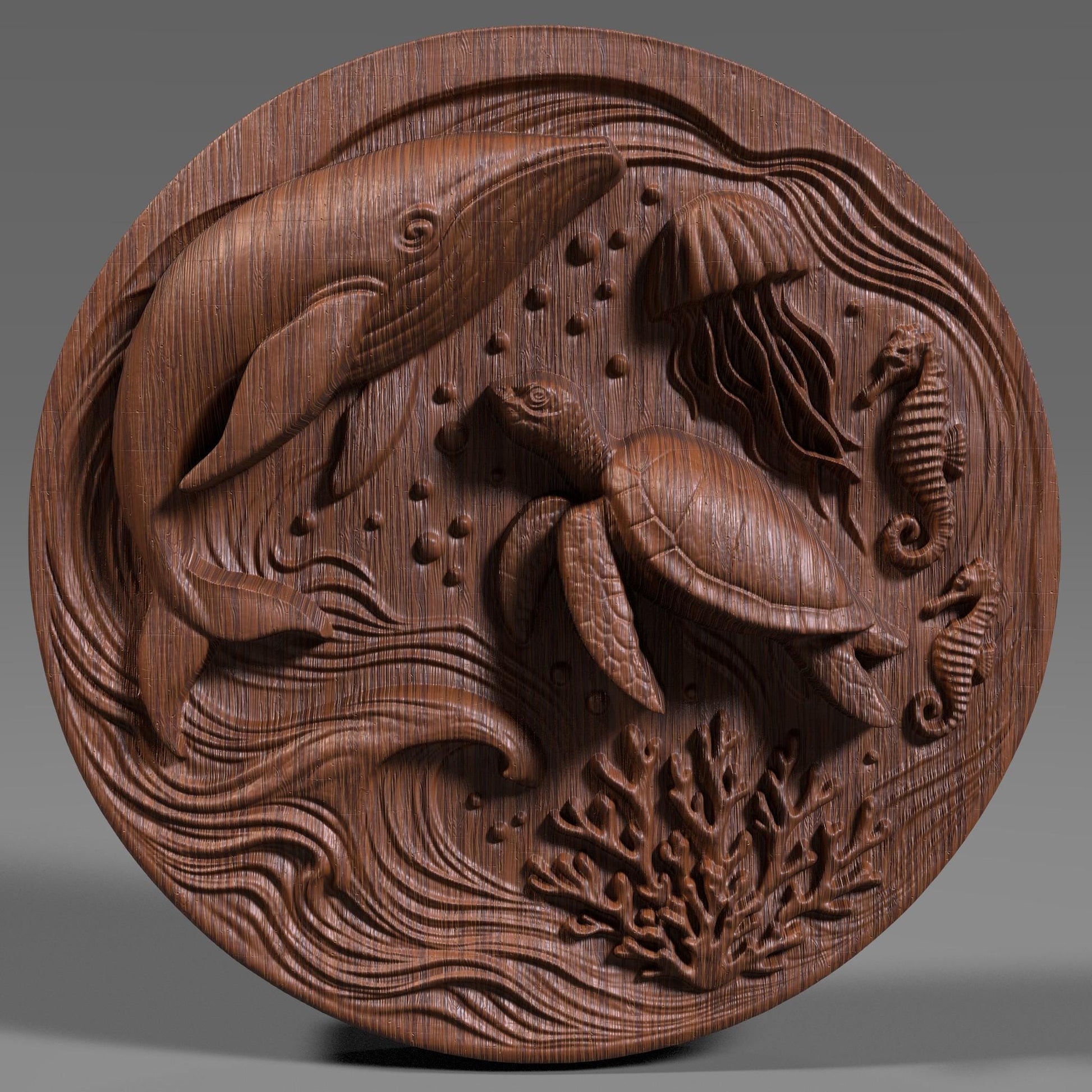 Highly detailed ocean-themed bas relief featuring a majestic sea turtle, graceful whale, elegant jellyfish, and playful seahorses, all set in a dynamic underwater swirl of coral reefs and bubbles. This summer marine design is perfect for wall art, CNC carving, laser engraving, or 3D printing, capturing the essence of ocean life and coastal vibes. Ideal as a decorative gift for ocean lovers, summer events, beach homes, and aquatic-themed decor.