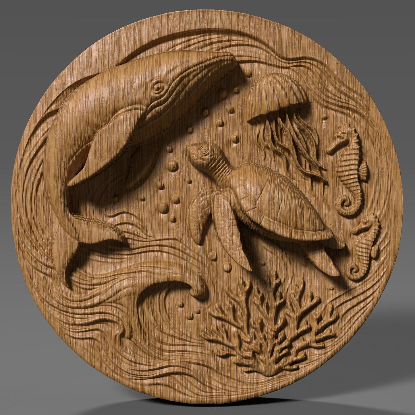 Highly detailed ocean-themed bas relief featuring a majestic sea turtle, graceful whale, elegant jellyfish, and playful seahorses, all set in a dynamic underwater swirl of coral reefs and bubbles. This summer marine design is perfect for wall art, CNC carving, laser engraving, or 3D printing, capturing the essence of ocean life and coastal vibes. Ideal as a decorative gift for ocean lovers, summer events, beach homes, and aquatic-themed decor.