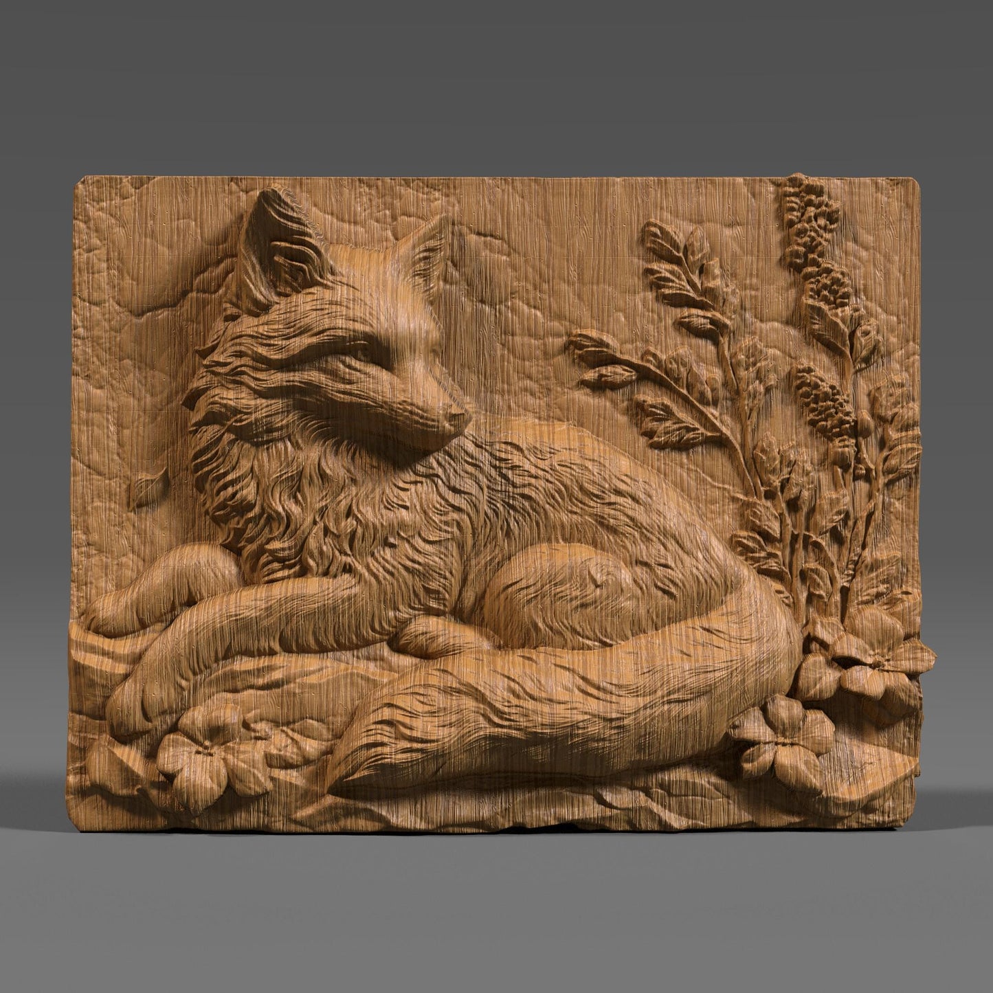 A beautifully detailed 3D bas-relief of a serene fox resting amidst forest foliage and blooming flowers, carved into a rectangular slab. The realistic fur texture and botanical elements evoke a tranquil woodland scene, making it ideal for rustic home decor or nature lovers. Perfect for CNC carving, laser engraving, or 3D printing in materials like wood, resin, or stone—great for cozy cabins, summer lodges, or wildlife-themed interiors.