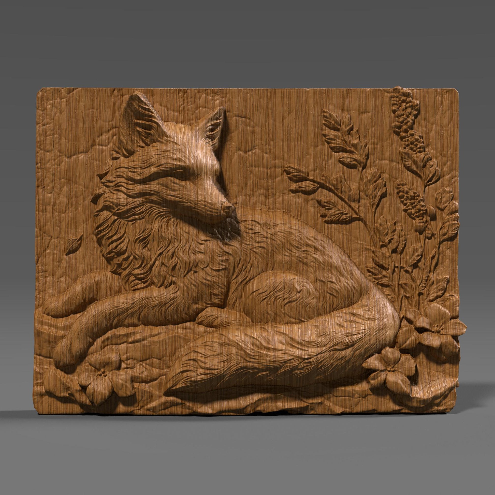 A beautifully detailed 3D bas-relief of a serene fox resting amidst forest foliage and blooming flowers, carved into a rectangular slab. The realistic fur texture and botanical elements evoke a tranquil woodland scene, making it ideal for rustic home decor or nature lovers. Perfect for CNC carving, laser engraving, or 3D printing in materials like wood, resin, or stone—great for cozy cabins, summer lodges, or wildlife-themed interiors.