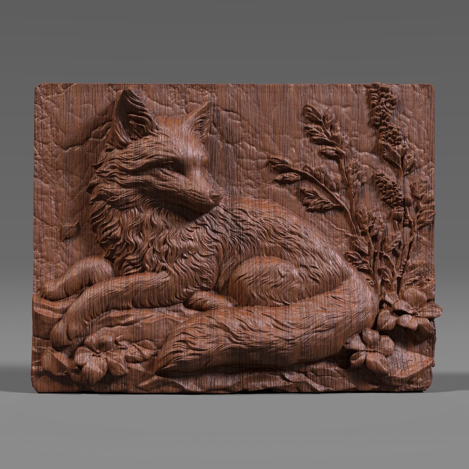 A beautifully detailed 3D bas-relief of a serene fox resting amidst forest foliage and blooming flowers, carved into a rectangular slab. The realistic fur texture and botanical elements evoke a tranquil woodland scene, making it ideal for rustic home decor or nature lovers. Perfect for CNC carving, laser engraving, or 3D printing in materials like wood, resin, or stone—great for cozy cabins, summer lodges, or wildlife-themed interiors.