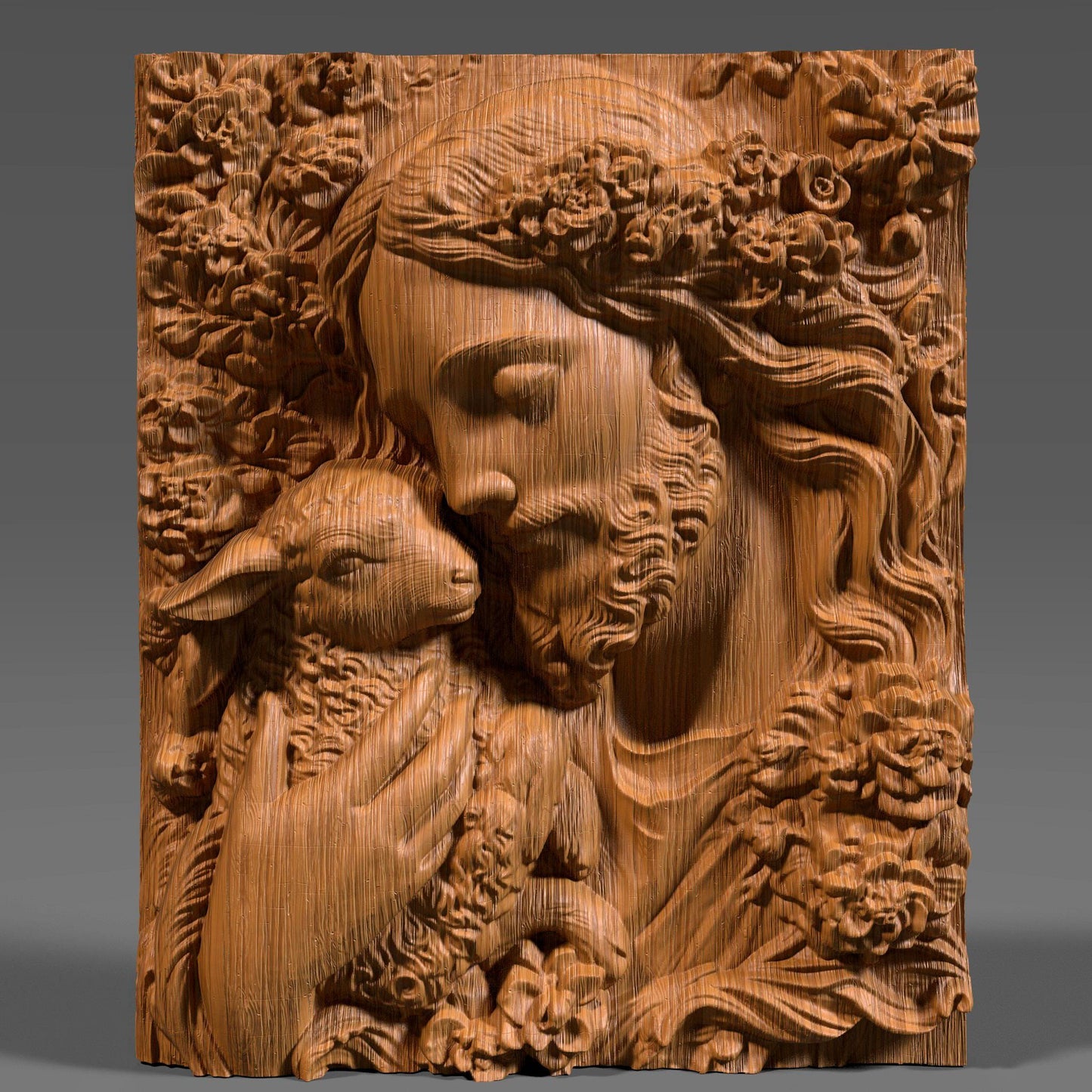 3D bas-relief carving of Jesus gently holding a lamb, surrounded by floral patterns. Ideal for CNC carving, 3D printing, or laser engraving. The artwork expresses compassion and faith, featuring intricate details in hair, wool, and flowers—suitable for wood, resin, or marble finishes. A spiritual and elegant design perfect for religious decor.