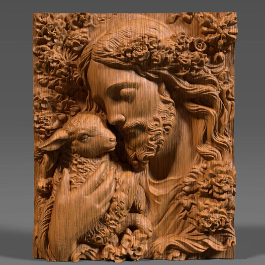 3D bas-relief carving of Jesus gently holding a lamb, surrounded by floral patterns. Ideal for CNC carving, 3D printing, or laser engraving. The artwork expresses compassion and faith, featuring intricate details in hair, wool, and flowers—suitable for wood, resin, or marble finishes. A spiritual and elegant design perfect for religious decor.