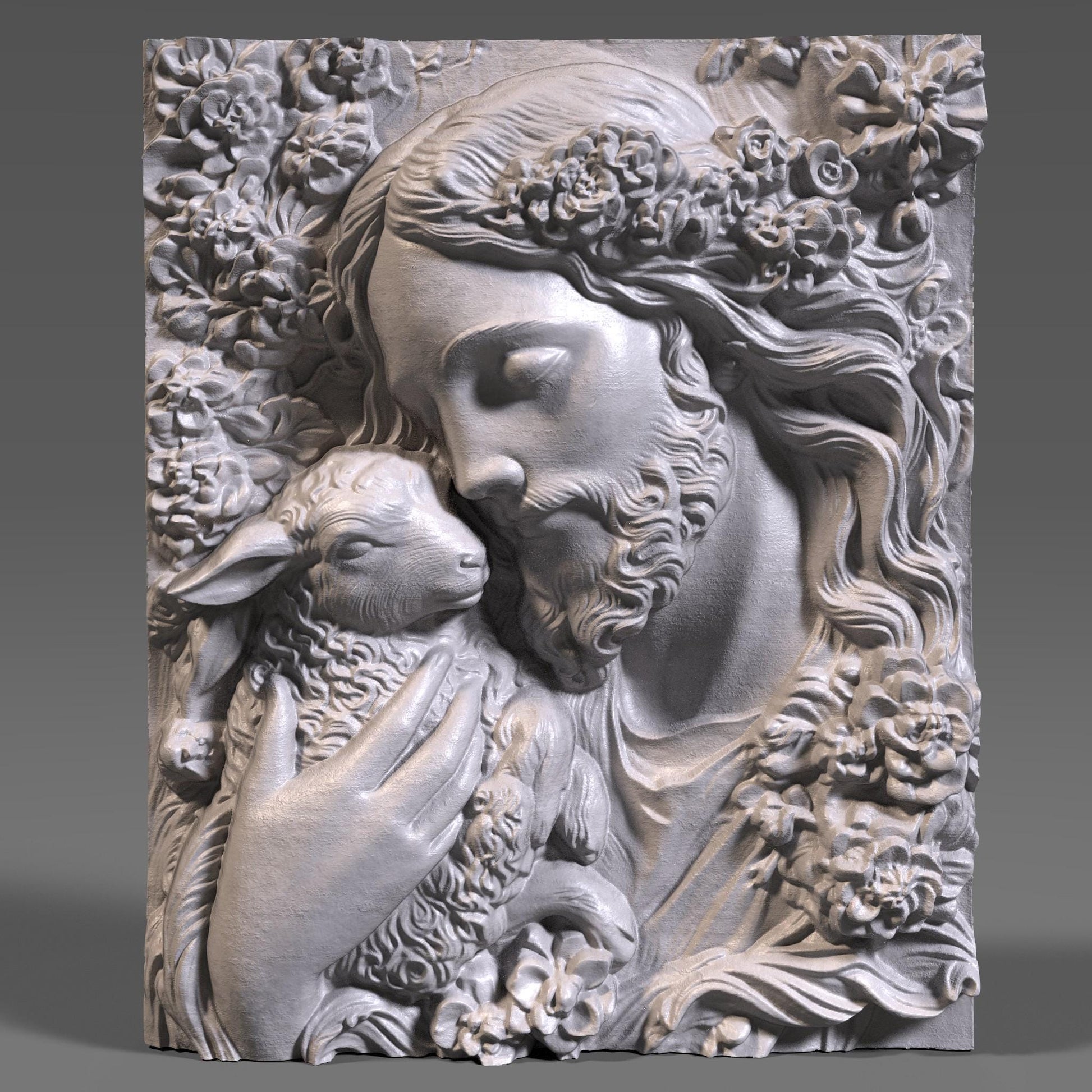 3D bas-relief carving of Jesus gently holding a lamb, surrounded by floral patterns. Ideal for CNC carving, 3D printing, or laser engraving. The artwork expresses compassion and faith, featuring intricate details in hair, wool, and flowers—suitable for wood, resin, or marble finishes. A spiritual and elegant design perfect for religious decor.