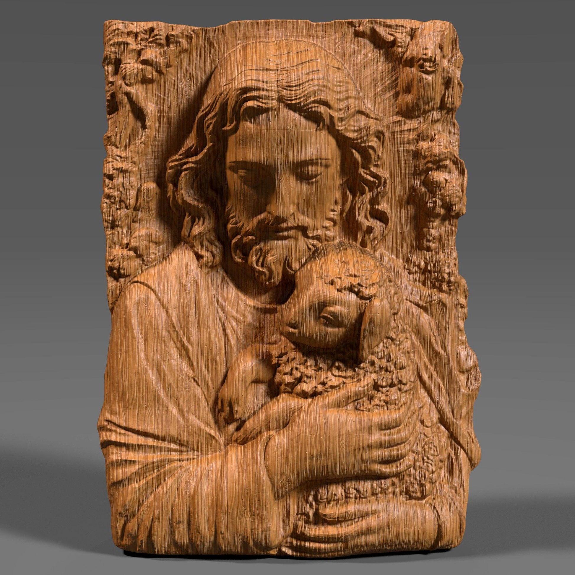 3D bas-relief carving of Jesus gently holding a lamb, surrounded by floral patterns. Ideal for CNC carving, 3D printing, or laser engraving. The artwork expresses compassion and faith, featuring intricate details in hair, wool, and flowers—suitable for wood, resin, or marble finishes. A spiritual and elegant design perfect for religious decor.