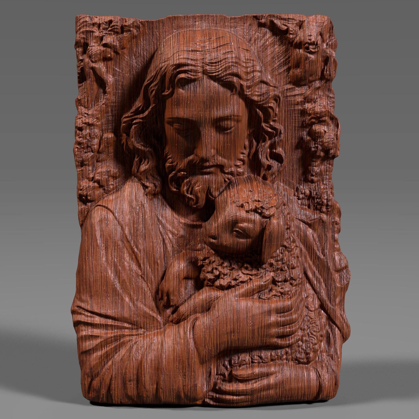 3D bas-relief carving of Jesus gently holding a lamb, surrounded by floral patterns. Ideal for CNC carving, 3D printing, or laser engraving. The artwork expresses compassion and faith, featuring intricate details in hair, wool, and flowers—suitable for wood, resin, or marble finishes. A spiritual and elegant design perfect for religious decor.