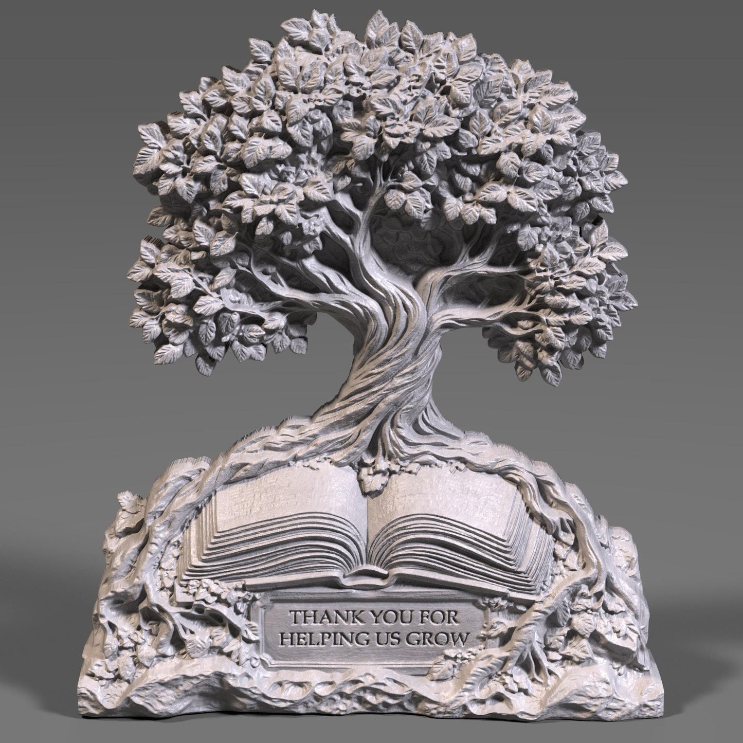 A 3D bas-relief digital sculpture of a flourishing tree growing from an open book, with engraved text reading “Thank You for Helping Us Grow.” Perfect for teacher appreciation, school wall art, or custom gift projects using CNC, laser engraving, or 3D printing. Intricate details in leaves, bark, and book texture make it ideal for carving in wood or resin.