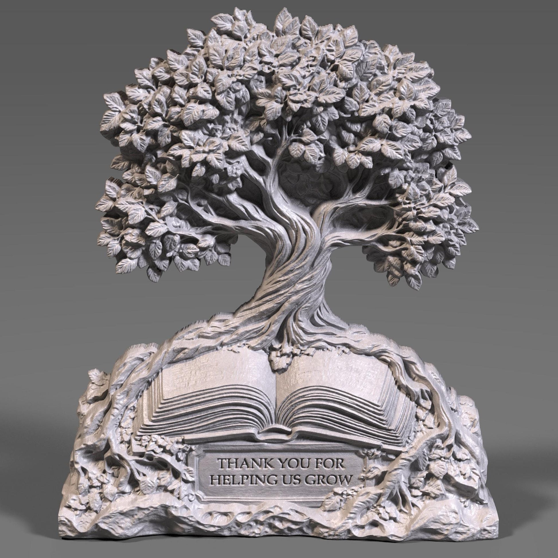 A 3D bas-relief digital sculpture of a flourishing tree growing from an open book, with engraved text reading “Thank You for Helping Us Grow.” Perfect for teacher appreciation, school wall art, or custom gift projects using CNC, laser engraving, or 3D printing. Intricate details in leaves, bark, and book texture make it ideal for carving in wood or resin.