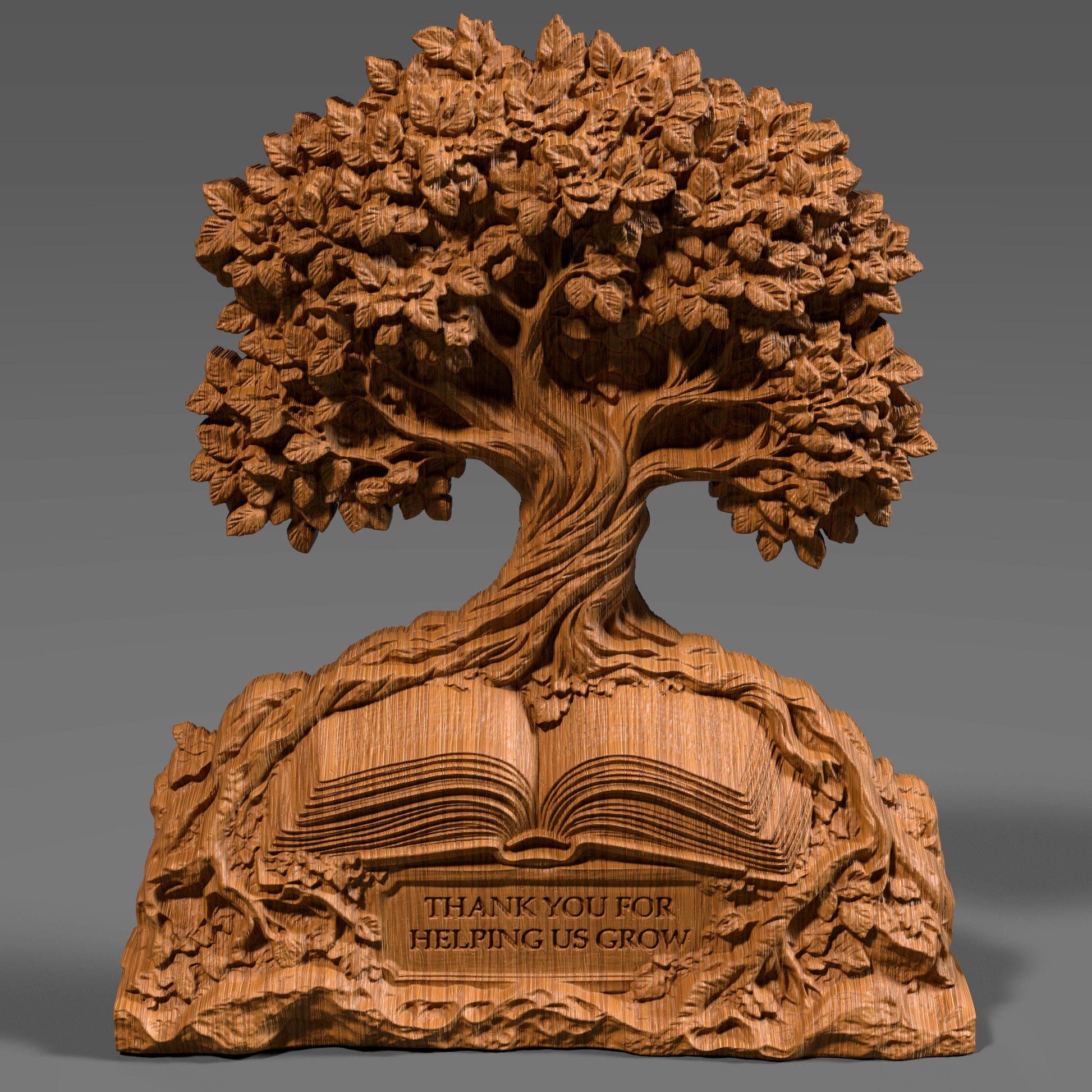 A 3D bas-relief digital sculpture of a flourishing tree growing from an open book, with engraved text reading “Thank You for Helping Us Grow.” Perfect for teacher appreciation, school wall art, or custom gift projects using CNC, laser engraving, or 3D printing. Intricate details in leaves, bark, and book texture make it ideal for carving in wood or resin.