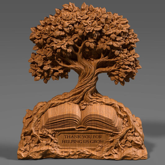 A 3D bas-relief digital sculpture of a flourishing tree growing from an open book, with engraved text reading “Thank You for Helping Us Grow.” Perfect for teacher appreciation, school wall art, or custom gift projects using CNC, laser engraving, or 3D printing. Intricate details in leaves, bark, and book texture make it ideal for carving in wood or resin.