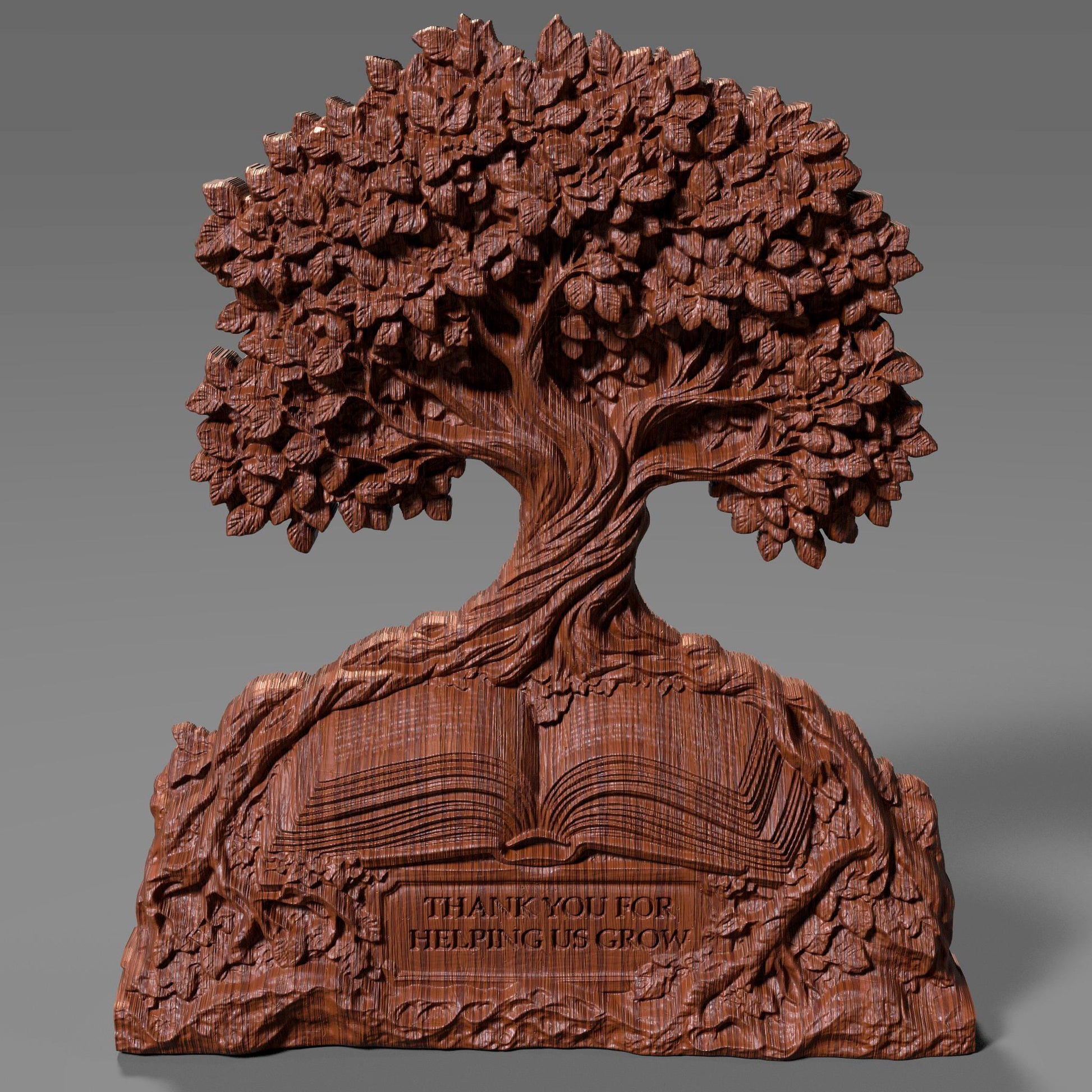A 3D bas-relief digital sculpture of a flourishing tree growing from an open book, with engraved text reading “Thank You for Helping Us Grow.” Perfect for teacher appreciation, school wall art, or custom gift projects using CNC, laser engraving, or 3D printing. Intricate details in leaves, bark, and book texture make it ideal for carving in wood or resin.