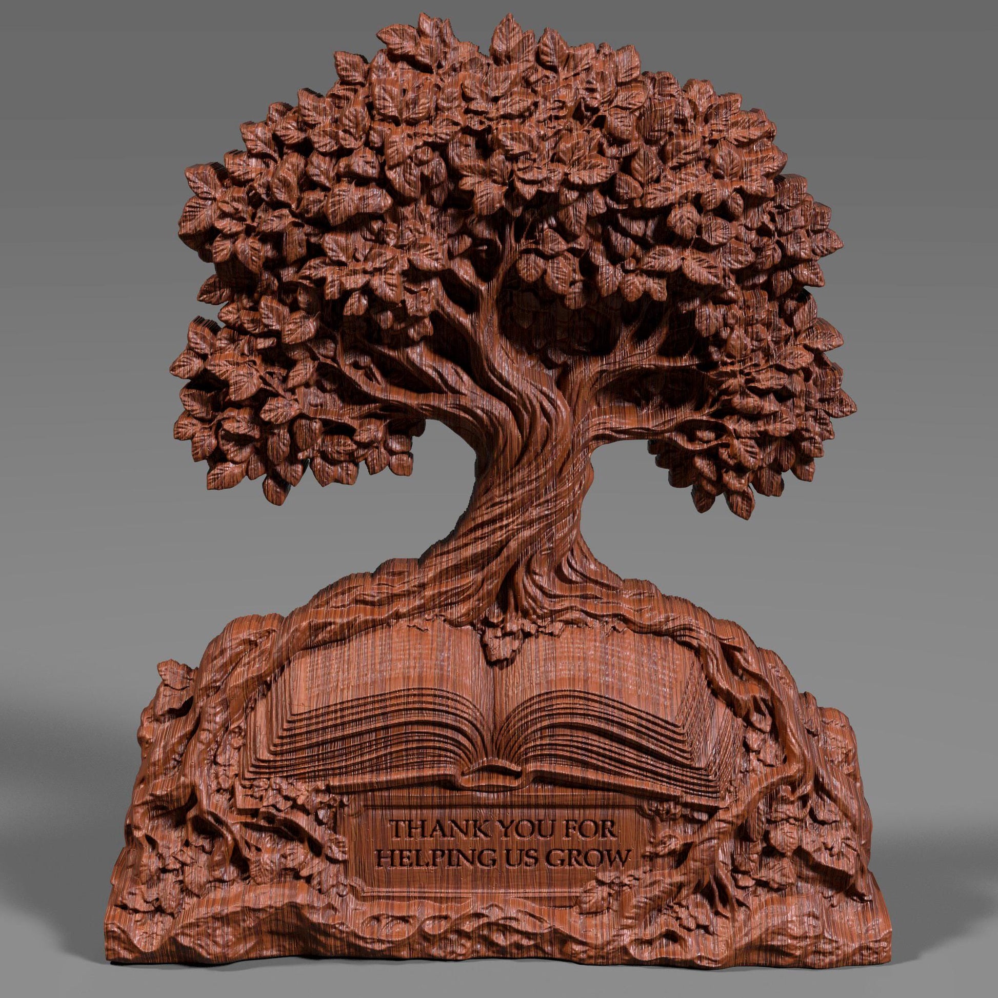 A 3D bas-relief digital sculpture of a flourishing tree growing from an open book, with engraved text reading “Thank You for Helping Us Grow.” Perfect for teacher appreciation, school wall art, or custom gift projects using CNC, laser engraving, or 3D printing. Intricate details in leaves, bark, and book texture make it ideal for carving in wood or resin.