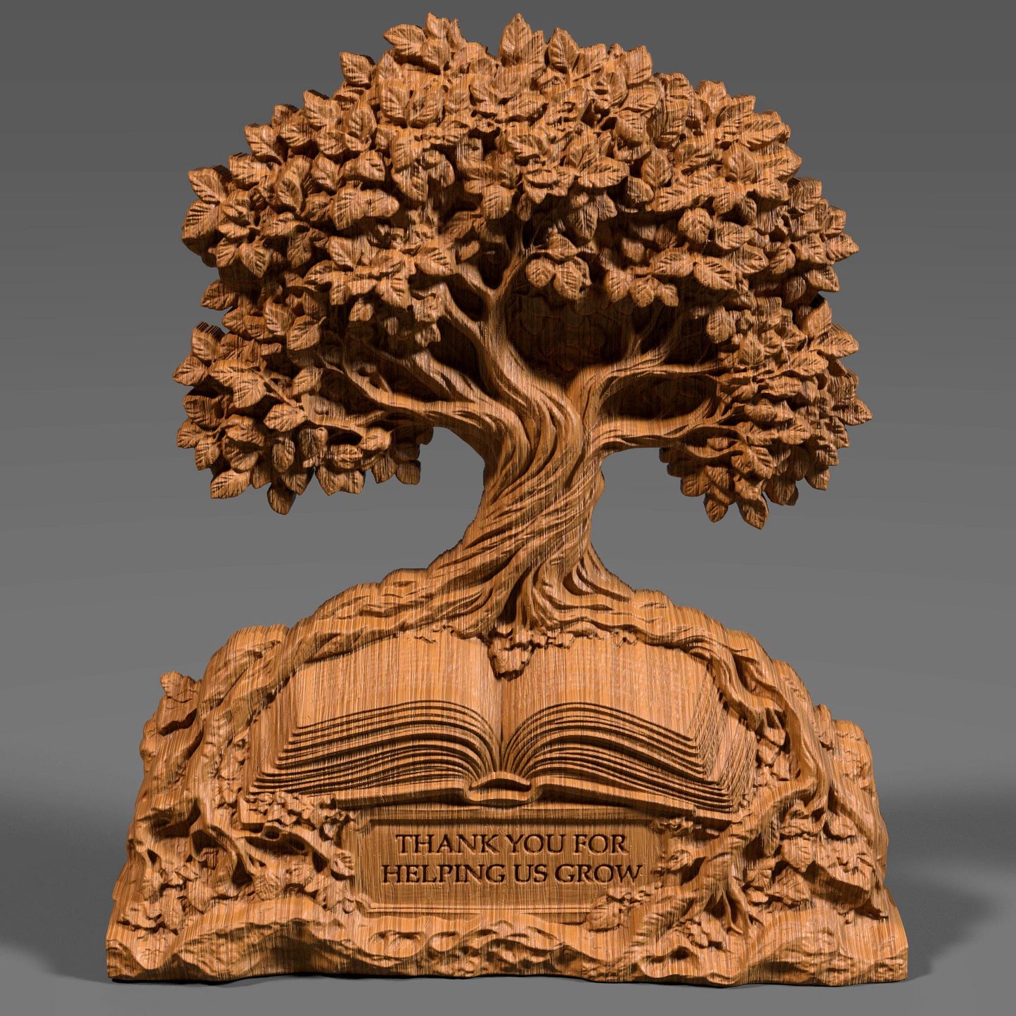 A 3D bas-relief digital sculpture of a flourishing tree growing from an open book, with engraved text reading “Thank You for Helping Us Grow.” Perfect for teacher appreciation, school wall art, or custom gift projects using CNC, laser engraving, or 3D printing. Intricate details in leaves, bark, and book texture make it ideal for carving in wood or resin.