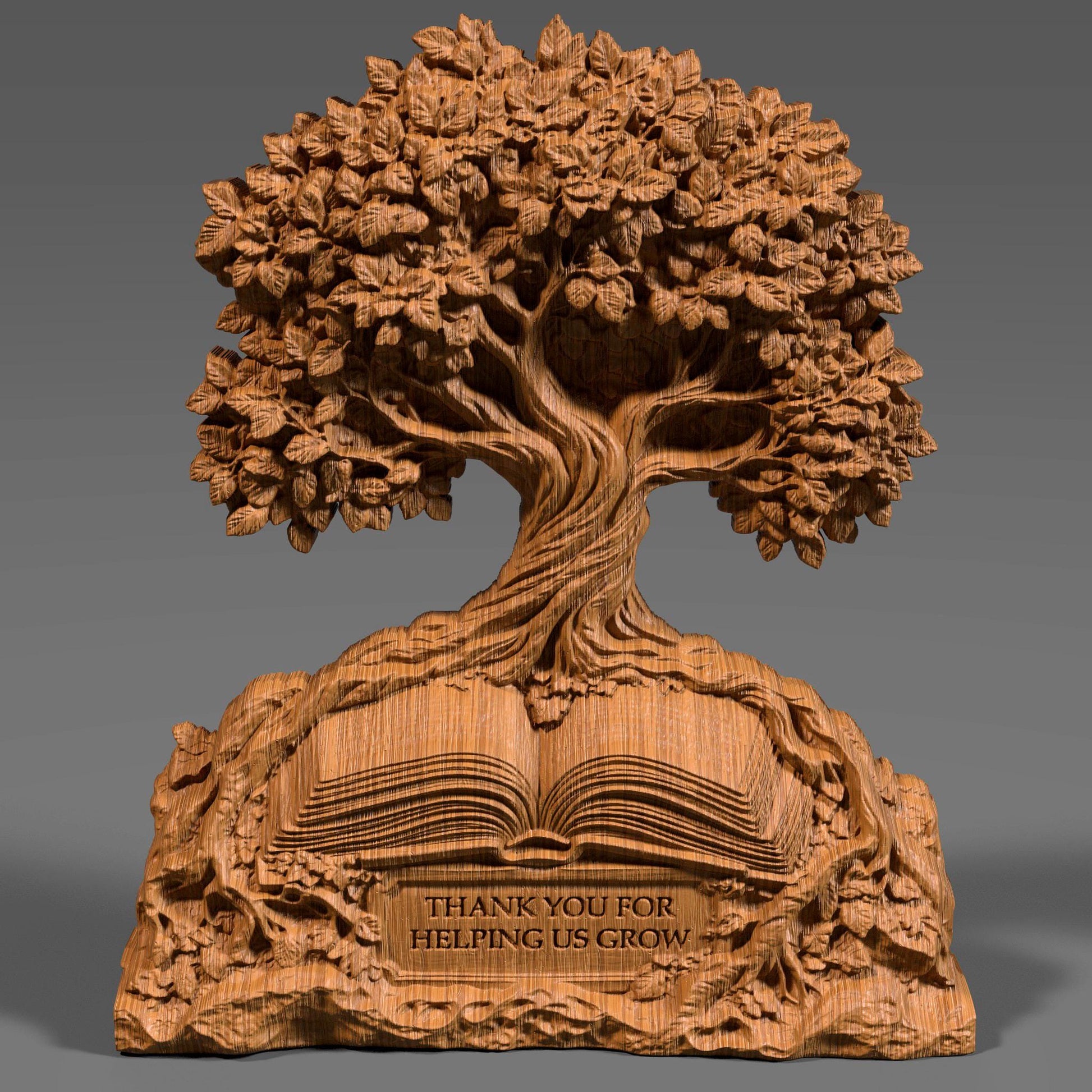 A 3D bas-relief digital sculpture of a flourishing tree growing from an open book, with engraved text reading “Thank You for Helping Us Grow.” Perfect for teacher appreciation, school wall art, or custom gift projects using CNC, laser engraving, or 3D printing. Intricate details in leaves, bark, and book texture make it ideal for carving in wood or resin.