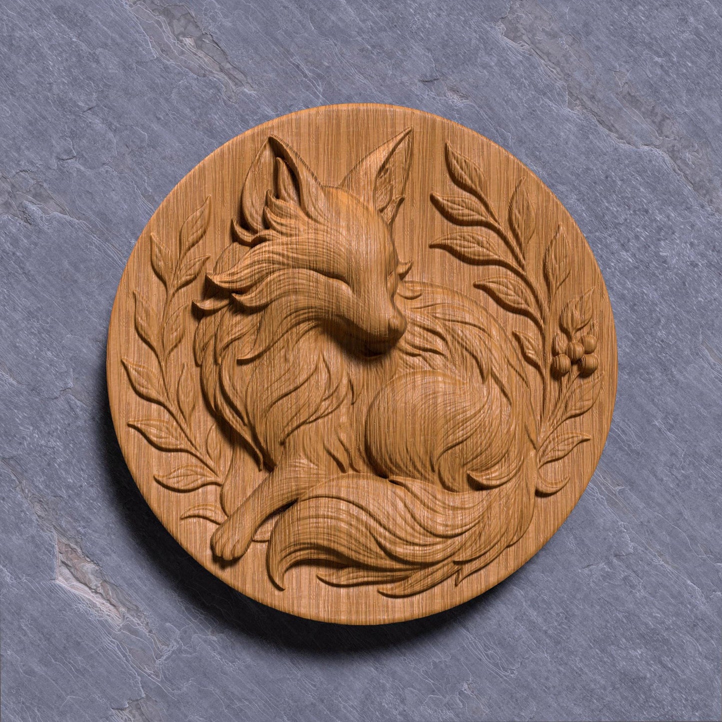 Intricately carved round 3D relief of a curled fox surrounded by elegant leaves and forest berries, designed as a woodland-themed medallion. This summer-inspired nature artwork is ideal for rustic home decor, forest lovers, and animal-themed interiors. Perfect for CNC carving, laser engraving, or 3D printing in wood, stone, or resin. A charming and cozy touch for cottages, wildlife wall art, or handcrafted seasonal gifts.