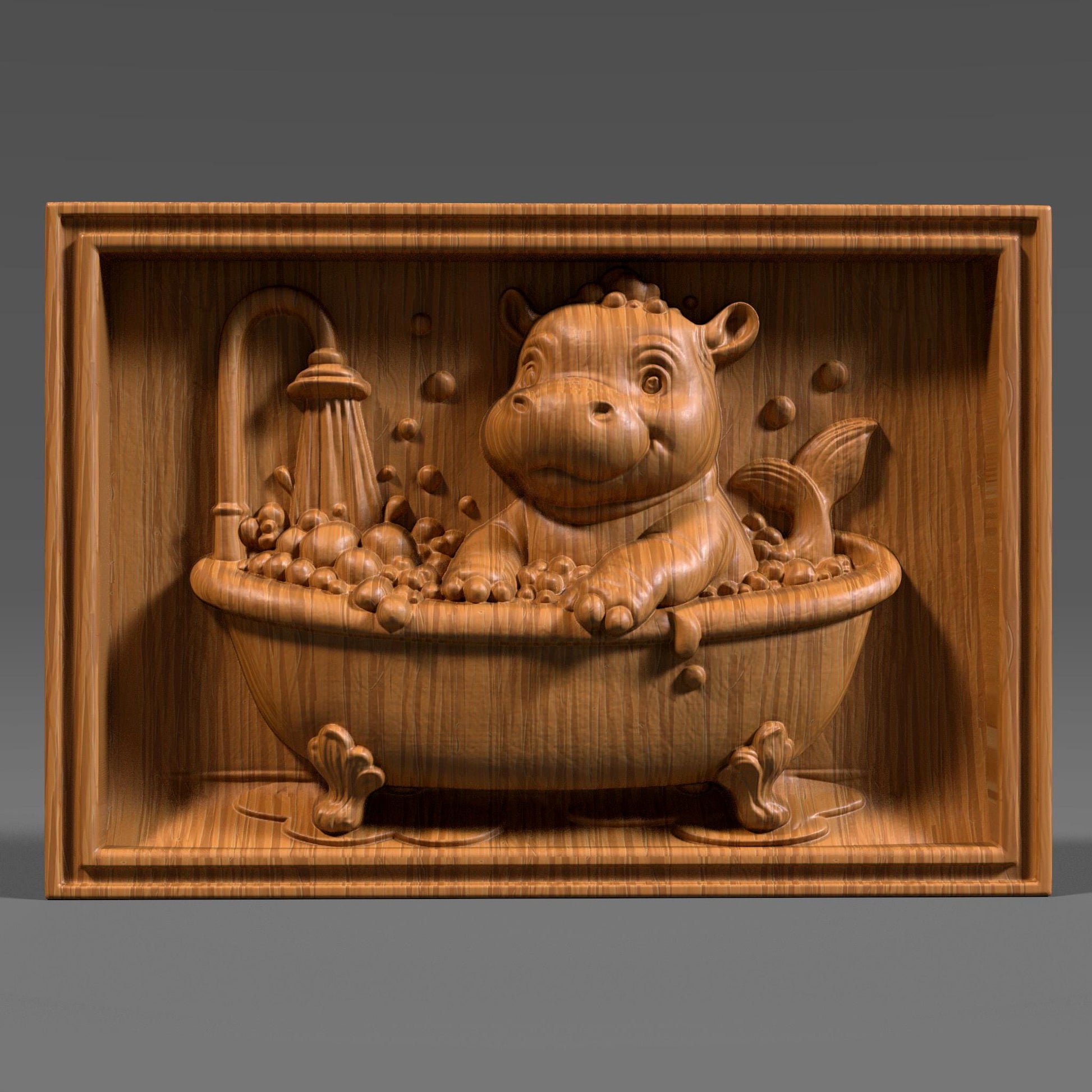 A delightful bas-relief carving of an adorable baby hippo playfully bathing in a clawfoot tub filled with bubbles under a shower, designed in a cheerful summer theme. The hippo has a mermaid-like tail, making it whimsical and perfect for kids’ room décor, nursery art, or baby shower gifts. Ideal for CNC carving, laser engraving, or 3D printing in wood, resin, or ivory-style material, bringing joy and warmth to any child-friendly space.