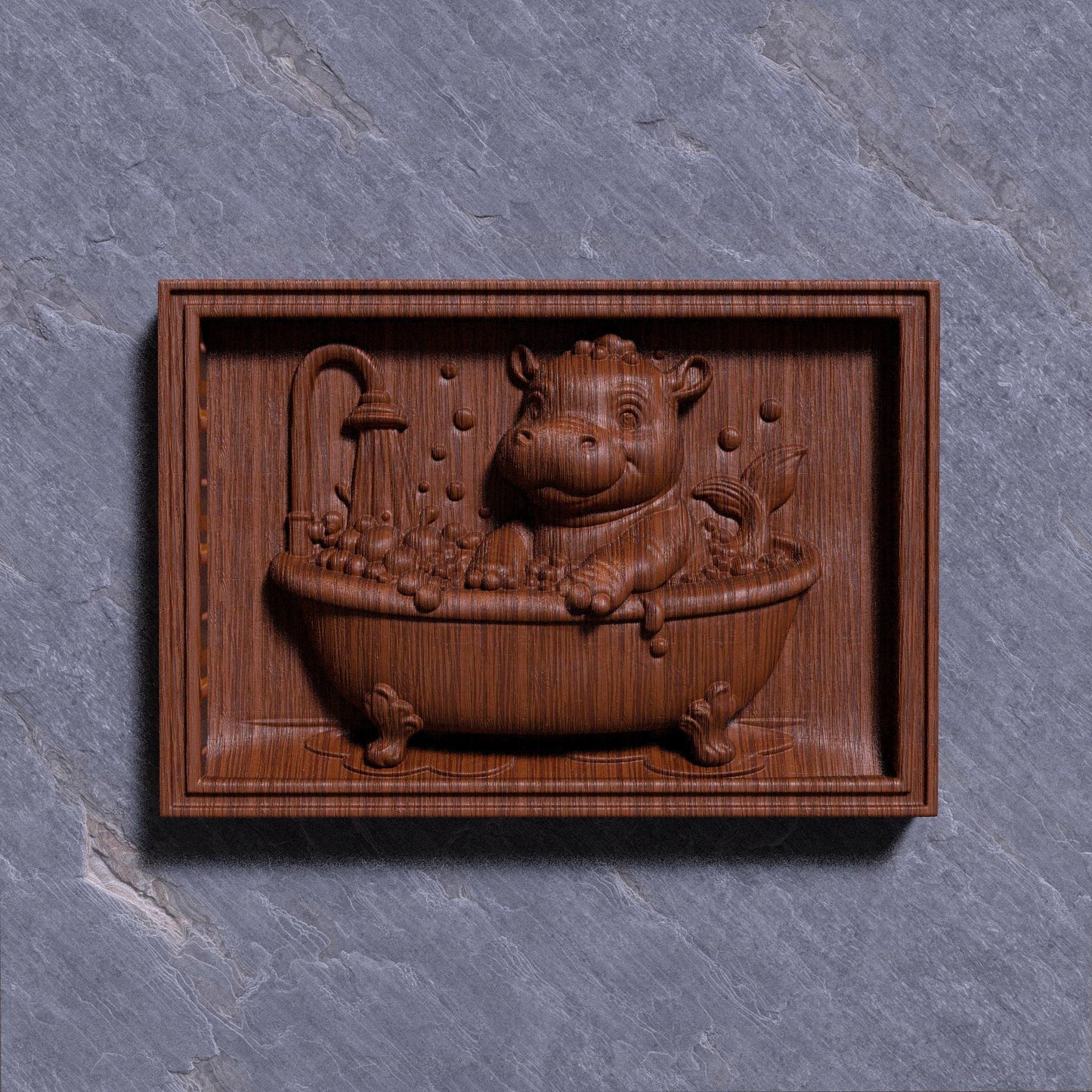 Baby Hippo in Bathtub 3D Relief Model: CNC, Laser, 3D Print (STL File)