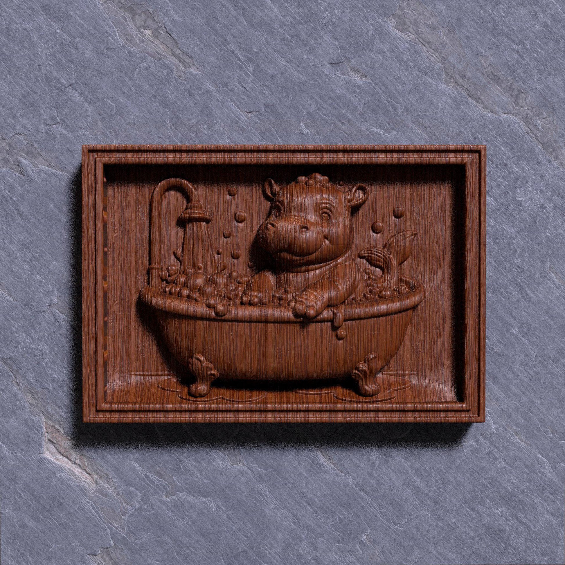 Baby Hippo in Bathtub 3D Relief Model: CNC, Laser, 3D Print (STL File)