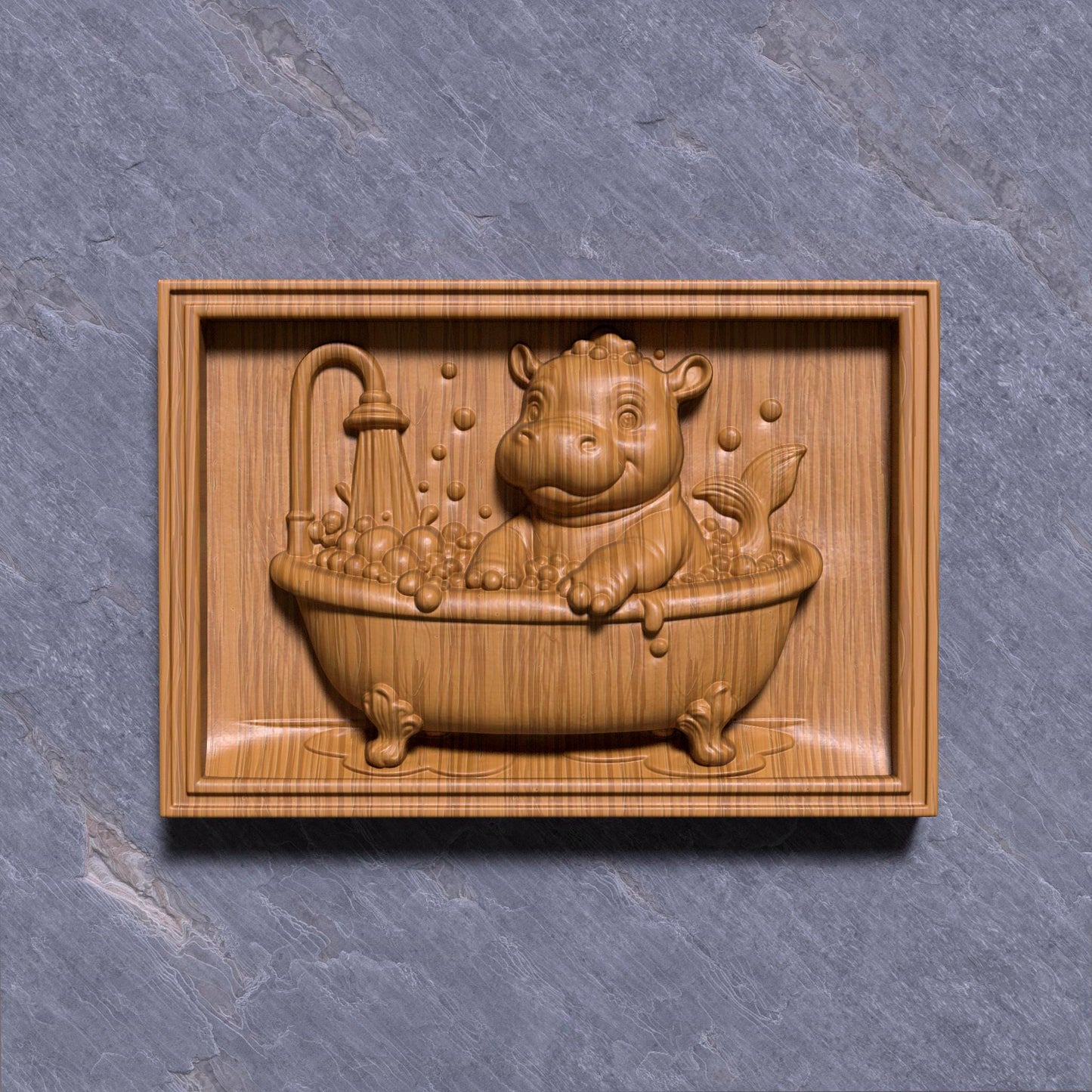A delightful bas-relief carving of an adorable baby hippo playfully bathing in a clawfoot tub filled with bubbles under a shower, designed in a cheerful summer theme. The hippo has a mermaid-like tail, making it whimsical and perfect for kids’ room décor, nursery art, or baby shower gifts. Ideal for CNC carving, laser engraving, or 3D printing in wood, resin, or ivory-style material, bringing joy and warmth to any child-friendly space.