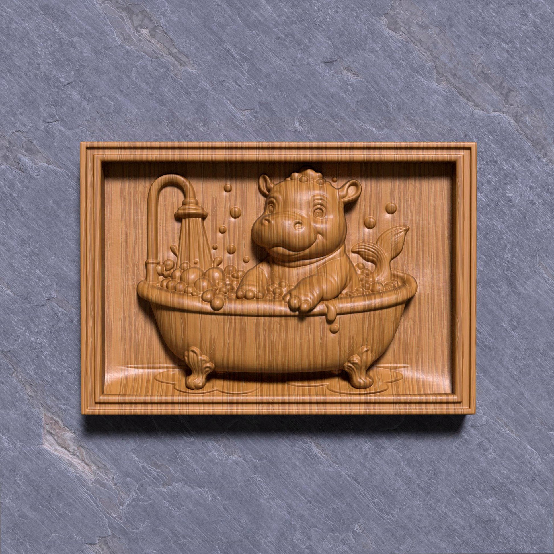 A delightful bas-relief carving of an adorable baby hippo playfully bathing in a clawfoot tub filled with bubbles under a shower, designed in a cheerful summer theme. The hippo has a mermaid-like tail, making it whimsical and perfect for kids’ room décor, nursery art, or baby shower gifts. Ideal for CNC carving, laser engraving, or 3D printing in wood, resin, or ivory-style material, bringing joy and warmth to any child-friendly space.