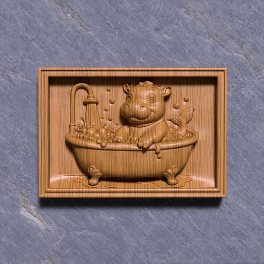 A delightful bas-relief carving of an adorable baby hippo playfully bathing in a clawfoot tub filled with bubbles under a shower, designed in a cheerful summer theme. The hippo has a mermaid-like tail, making it whimsical and perfect for kids’ room décor, nursery art, or baby shower gifts. Ideal for CNC carving, laser engraving, or 3D printing in wood, resin, or ivory-style material, bringing joy and warmth to any child-friendly space.