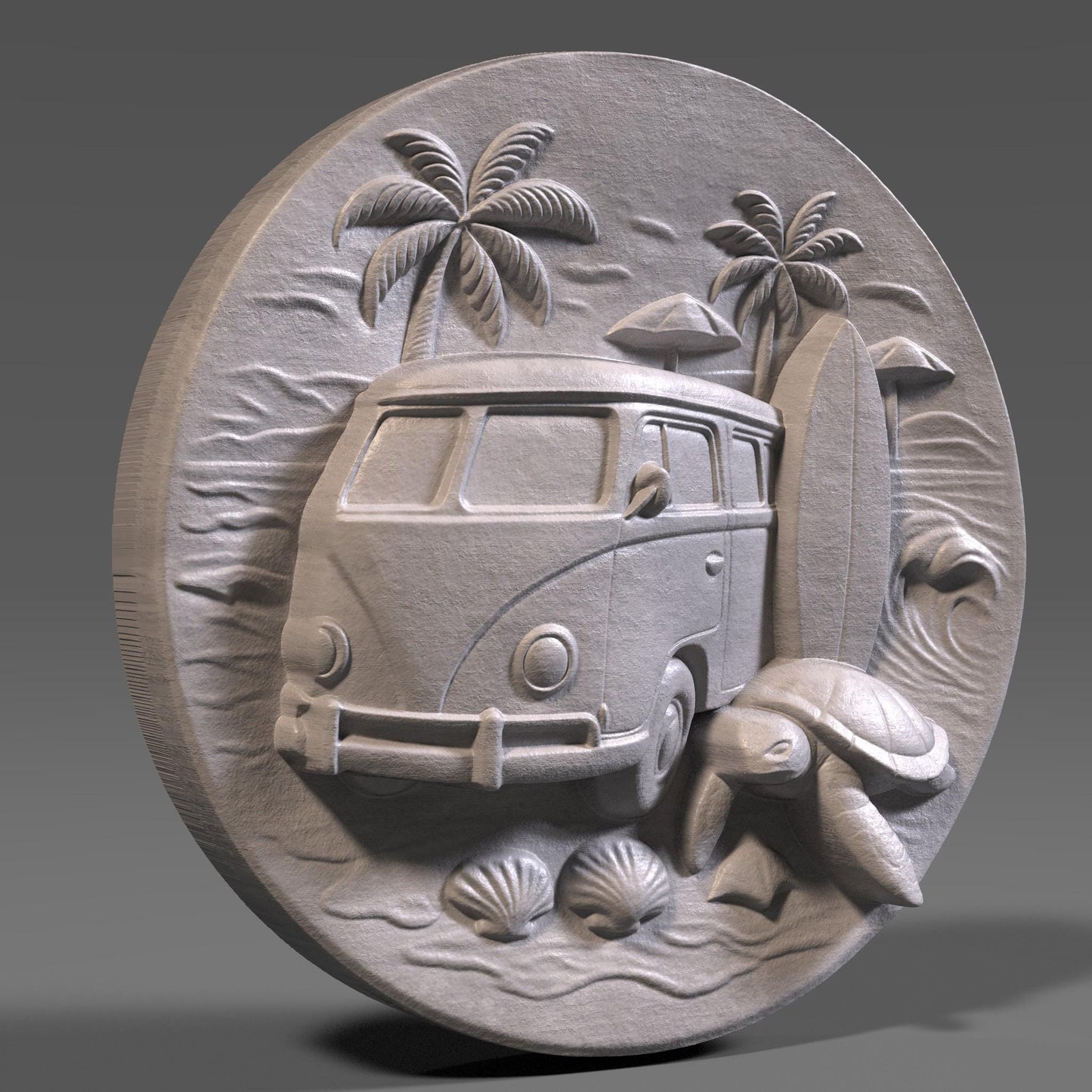 Surf Van & Sea Turtle 3D Relief Model: Coastal Wall Art (STL File)
