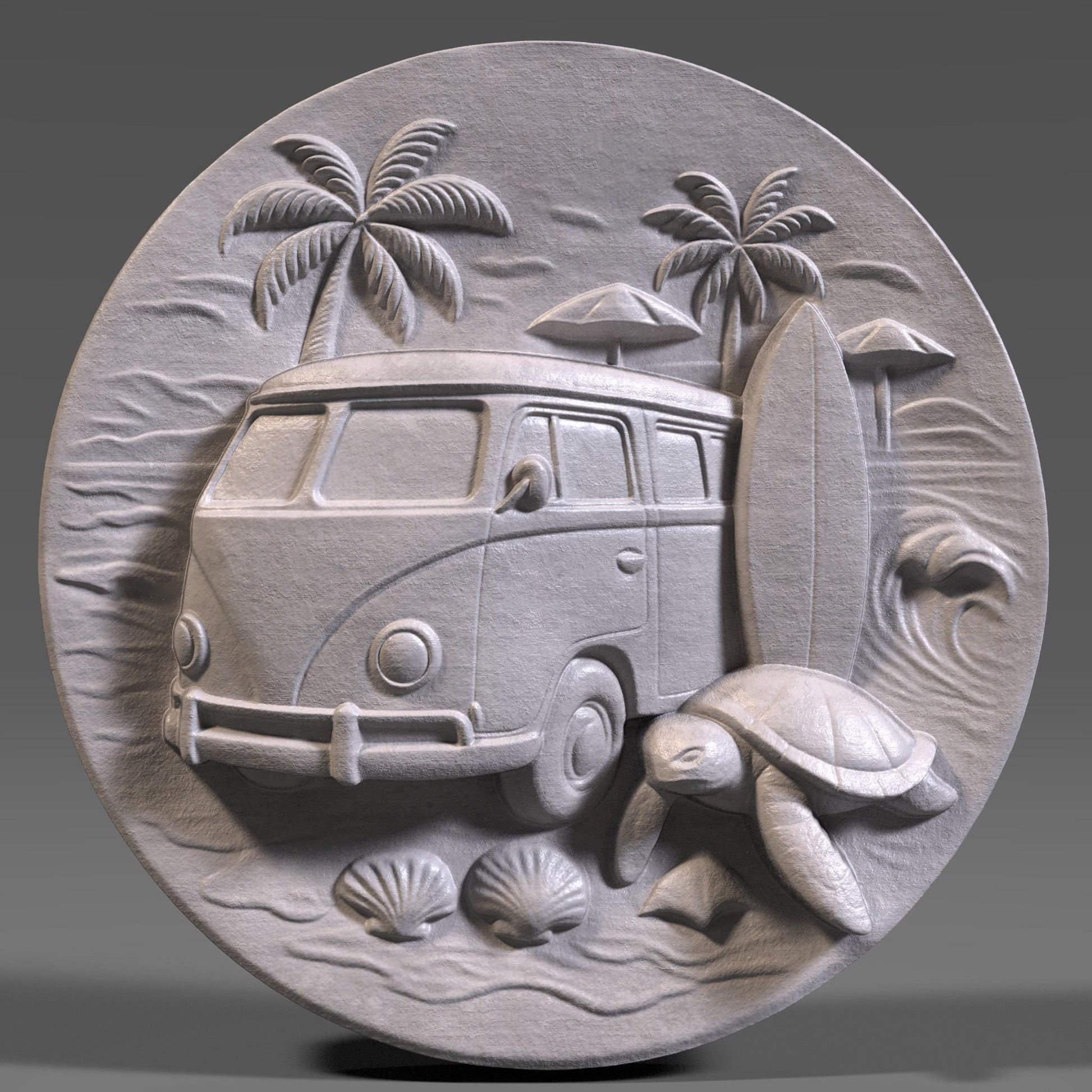 A tropical bas-relief carving featuring a retro surf van, a sea turtle, surfboard, palm trees, umbrellas, waves, and seashells on a round slab. This summery beach scene radiates laid-back vacation vibes and is perfect for coastal homes, beach-themed decor, camper van lovers, or surfing fans. Ideal for CNC carving, laser engraving, or 3D printing in wood, resin, or ivory-style materials to create a cheerful and relaxing wall panel for summer decor or travel gifts.