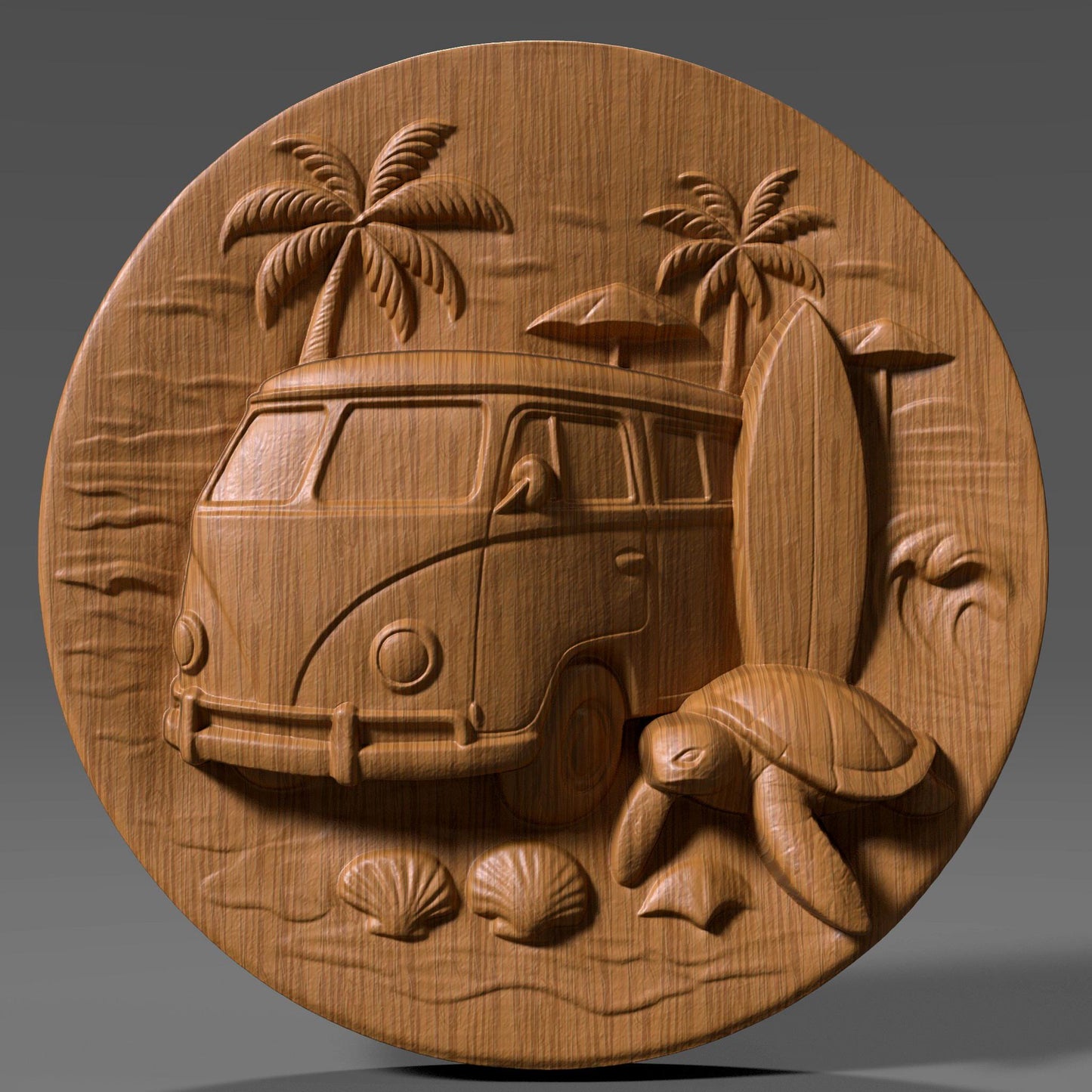 Surf Van & Sea Turtle 3D Relief Model: Coastal Wall Art (STL File)