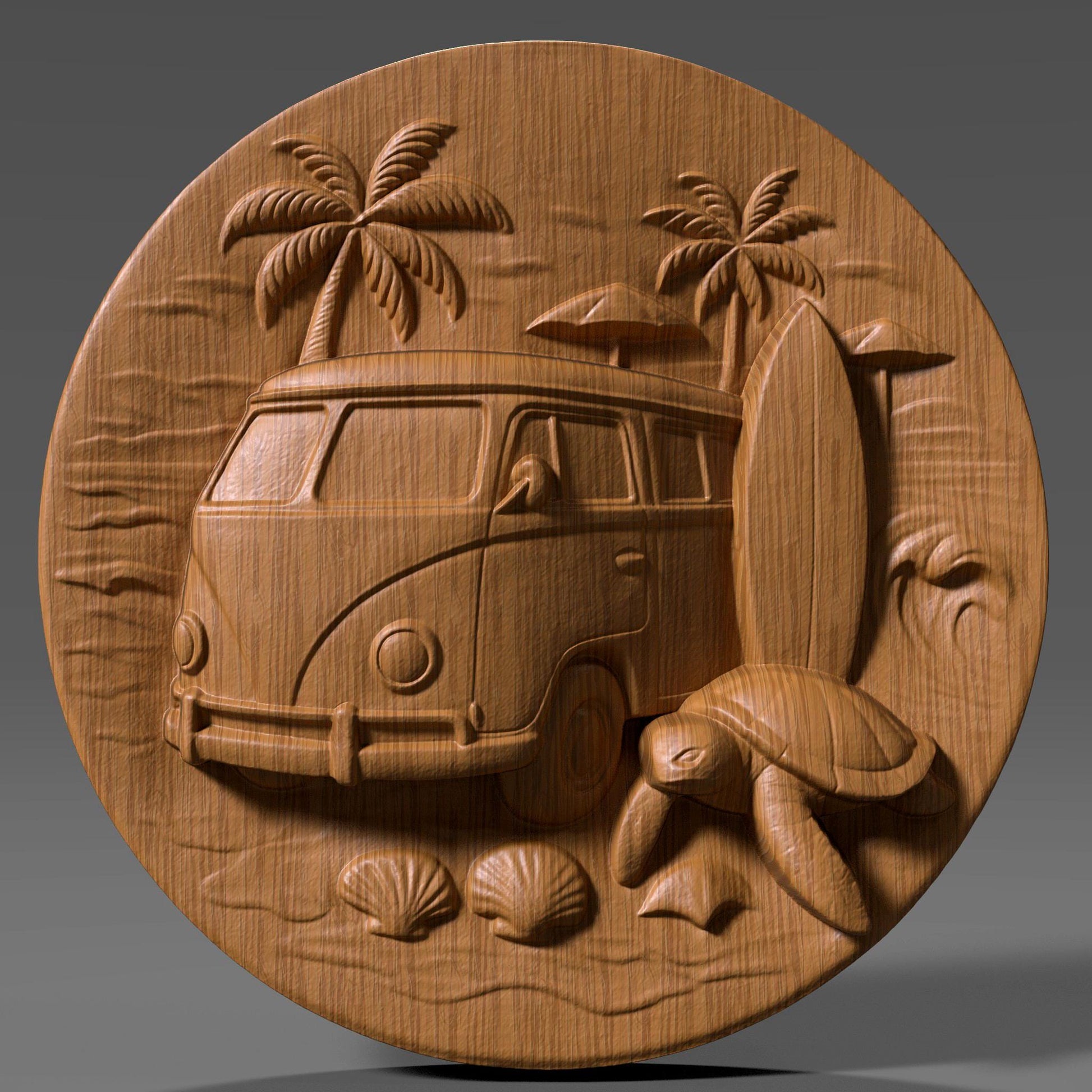 Surf Van & Sea Turtle 3D Relief Model: Coastal Wall Art (STL File)