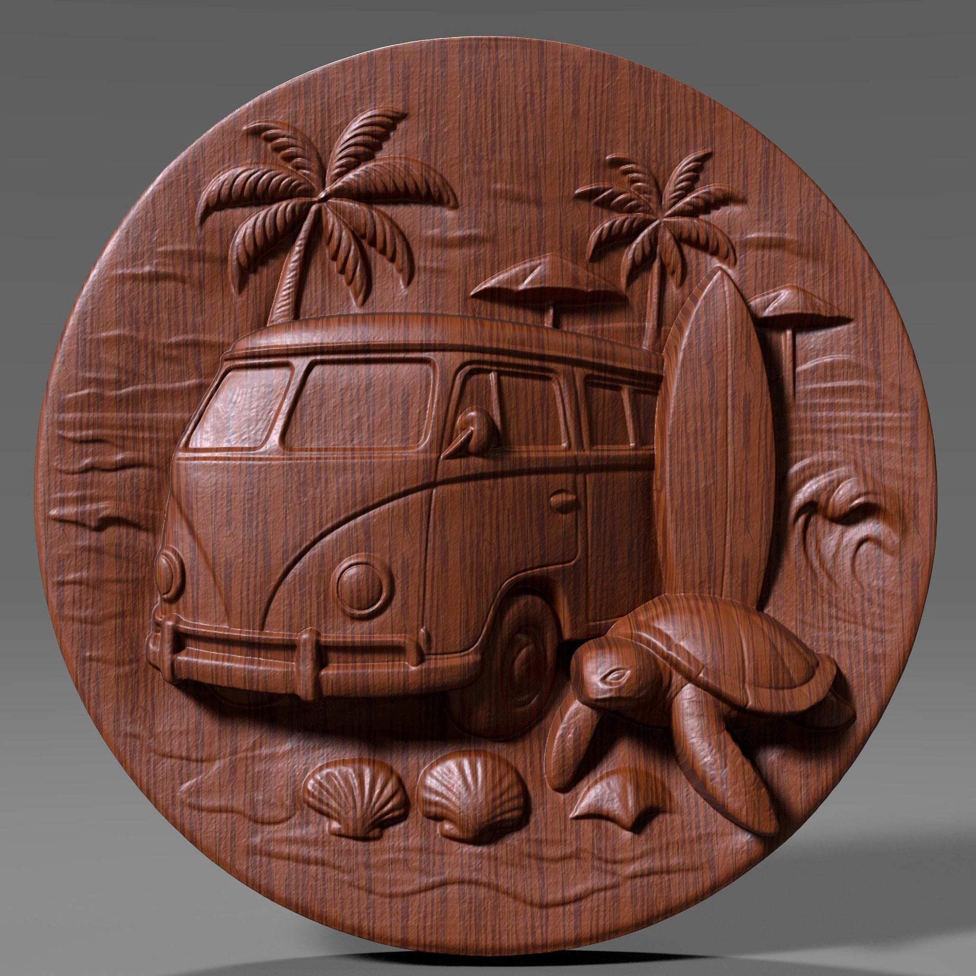 Surf Van & Sea Turtle 3D Relief Model: Coastal Wall Art (STL File)