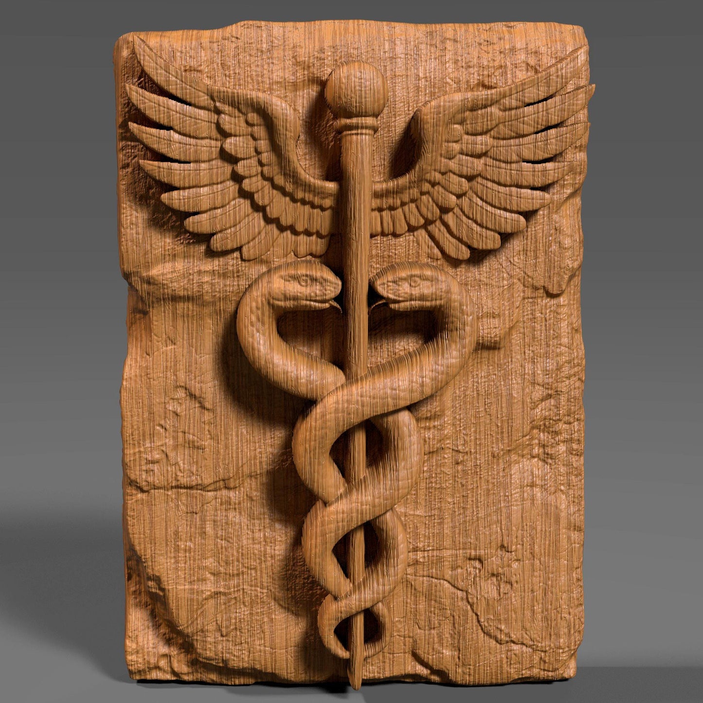 3D bas-relief carving of the Caduceus symbol featuring two snakes entwined around a staff with wings, engraved into a textured slab. Ideal for medical and nursing gifts, this digital file is perfect for CNC carving, laser engraving, and 3D printing. Great for hospitals, clinics, or graduation plaques for doctors and nurses.