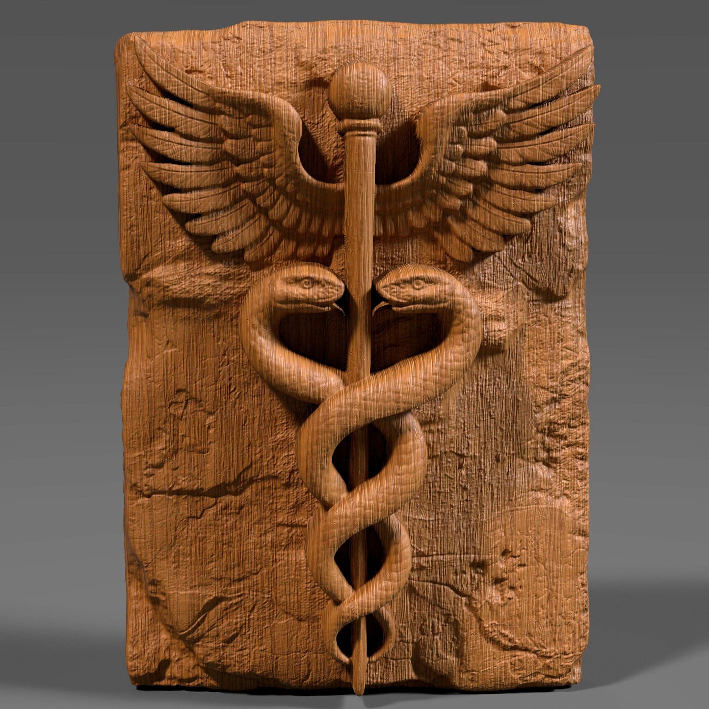 3D bas-relief carving of the Caduceus symbol featuring two snakes entwined around a staff with wings, engraved into a textured slab. Ideal for medical and nursing gifts, this digital file is perfect for CNC carving, laser engraving, and 3D printing. Great for hospitals, clinics, or graduation plaques for doctors and nurses.