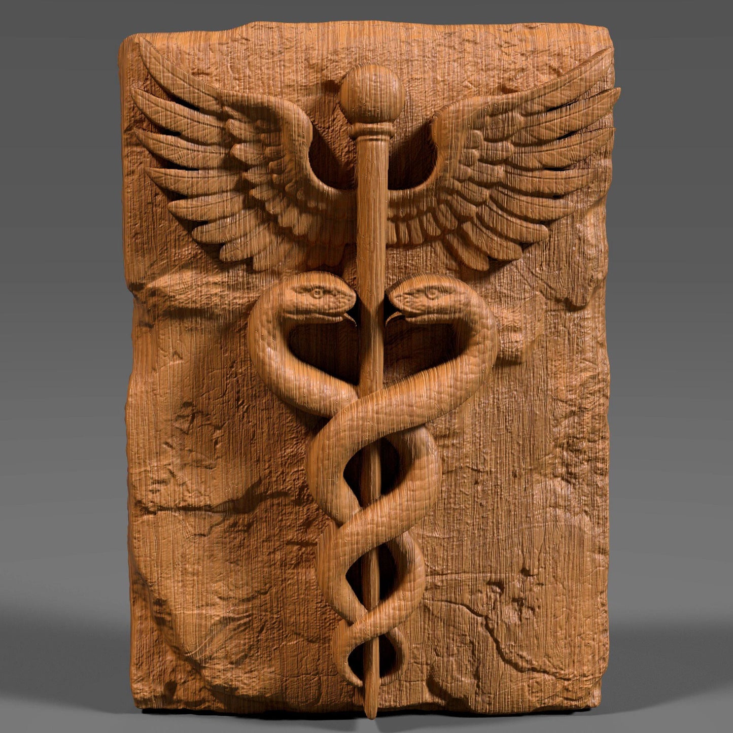 3D bas-relief carving of the Caduceus symbol featuring two snakes entwined around a staff with wings, engraved into a textured slab. Ideal for medical and nursing gifts, this digital file is perfect for CNC carving, laser engraving, and 3D printing. Great for hospitals, clinics, or graduation plaques for doctors and nurses.