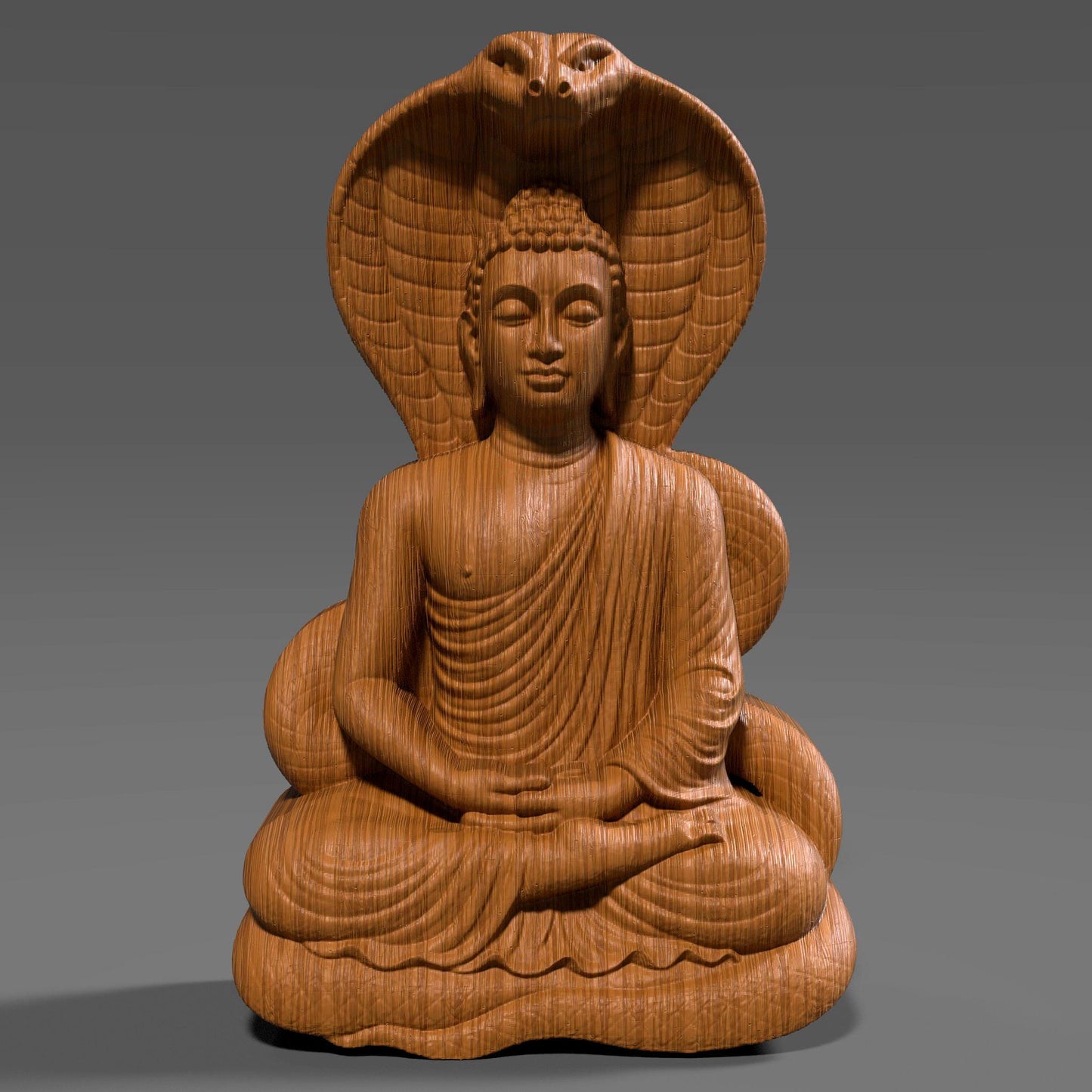 A 3D digital bas-relief sculpture of a meditating Buddha seated in lotus position under the protective hood of a Naga (cobra), symbolizing spiritual protection and inner peace. Carved in realistic wood grain texture, ideal for CNC carving, laser engraving, and 3D printing. A powerful symbol in Buddhist and Hindu traditions.