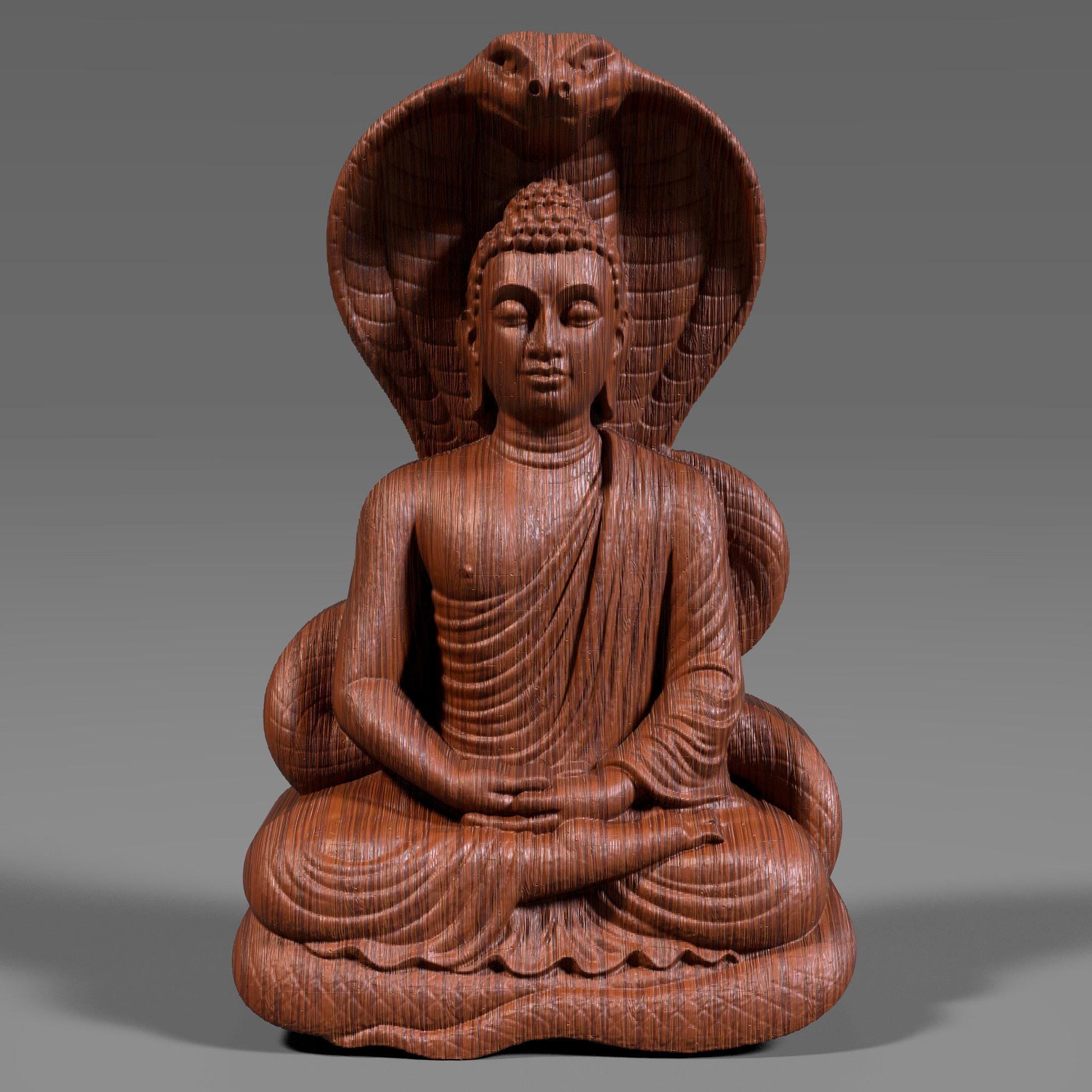 A 3D digital bas-relief sculpture of a meditating Buddha seated in lotus position under the protective hood of a Naga (cobra), symbolizing spiritual protection and inner peace. Carved in realistic wood grain texture, ideal for CNC carving, laser engraving, and 3D printing. A powerful symbol in Buddhist and Hindu traditions.