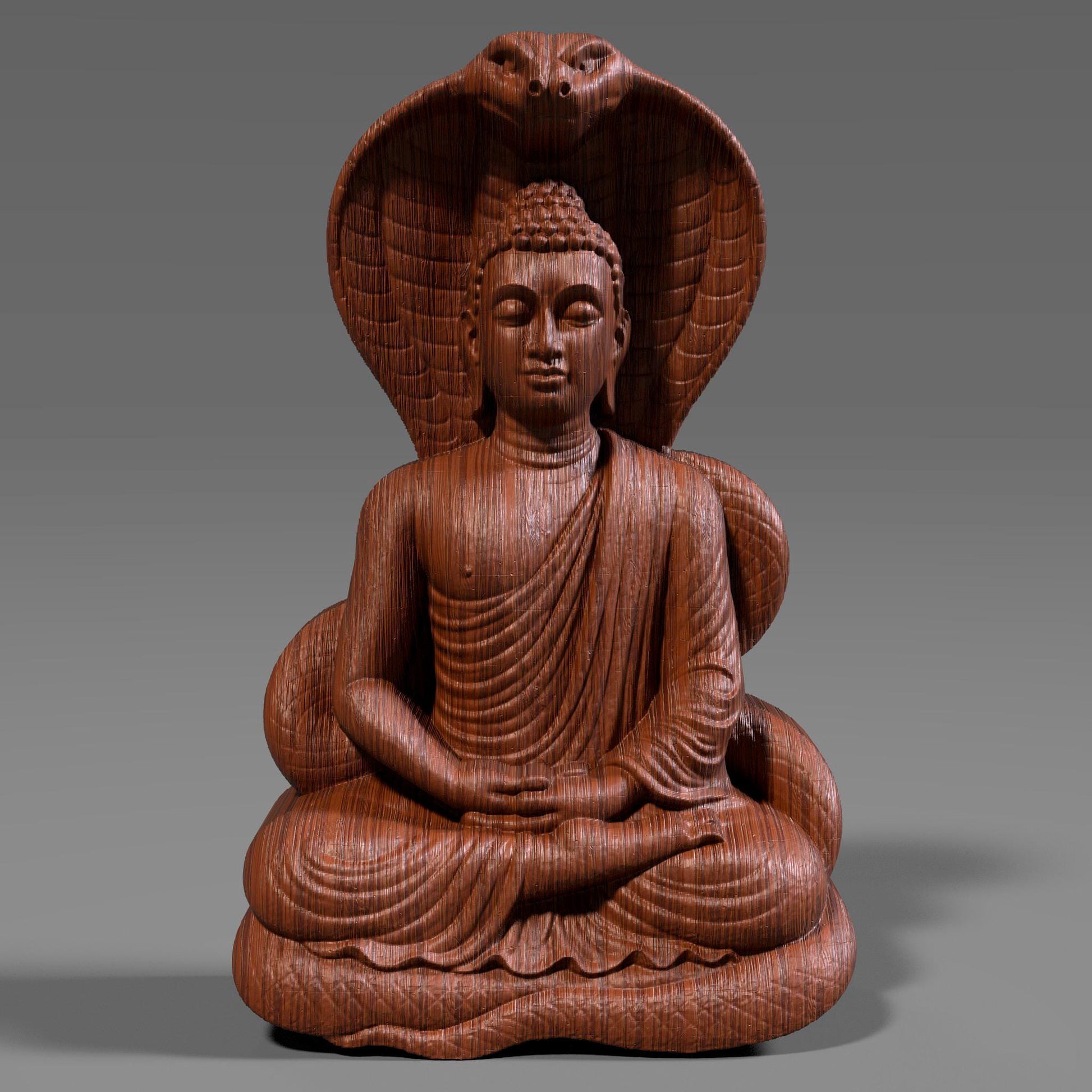A 3D digital bas-relief sculpture of a meditating Buddha seated in lotus position under the protective hood of a Naga (cobra), symbolizing spiritual protection and inner peace. Carved in realistic wood grain texture, ideal for CNC carving, laser engraving, and 3D printing. A powerful symbol in Buddhist and Hindu traditions.