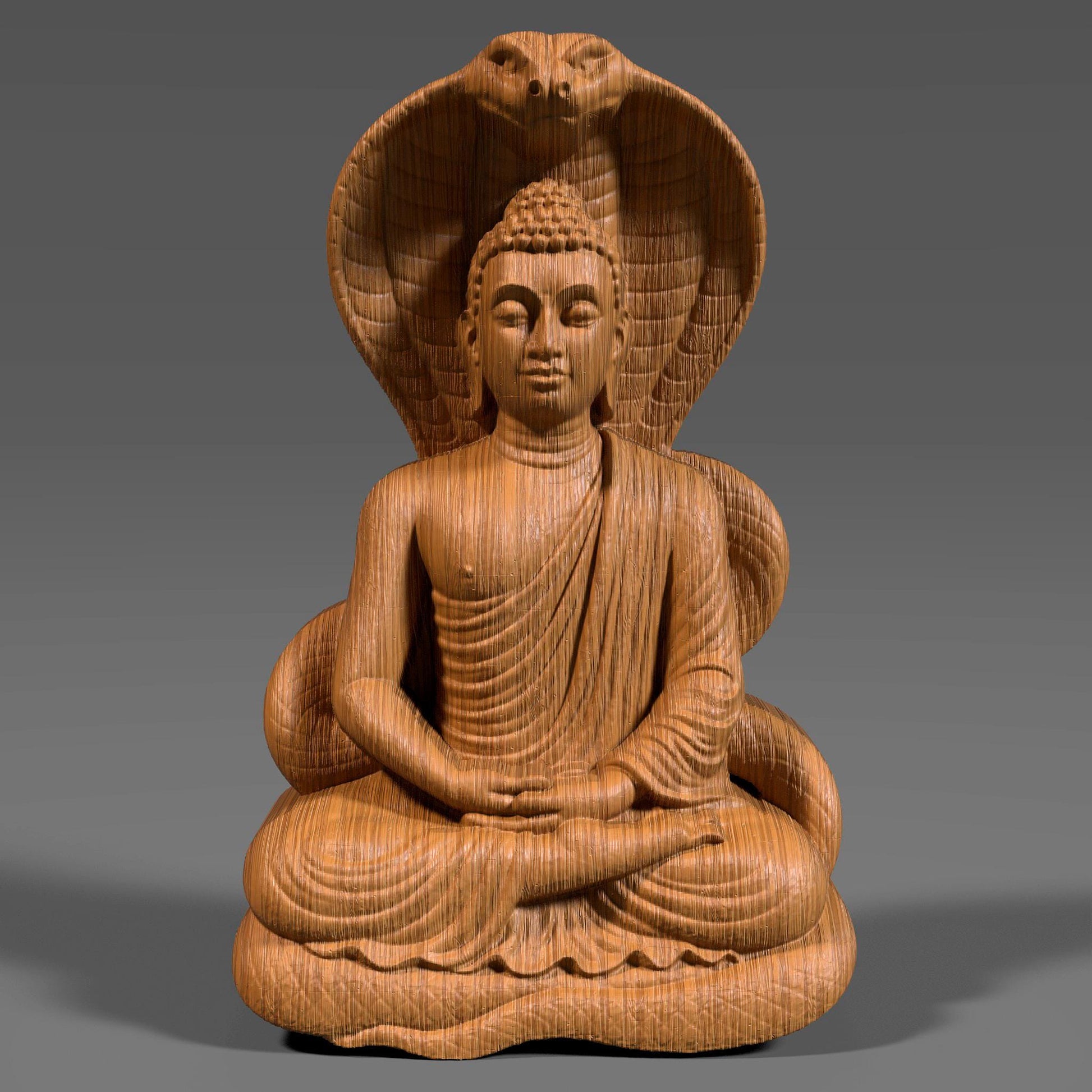 A 3D digital bas-relief sculpture of a meditating Buddha seated in lotus position under the protective hood of a Naga (cobra), symbolizing spiritual protection and inner peace. Carved in realistic wood grain texture, ideal for CNC carving, laser engraving, and 3D printing. A powerful symbol in Buddhist and Hindu traditions.