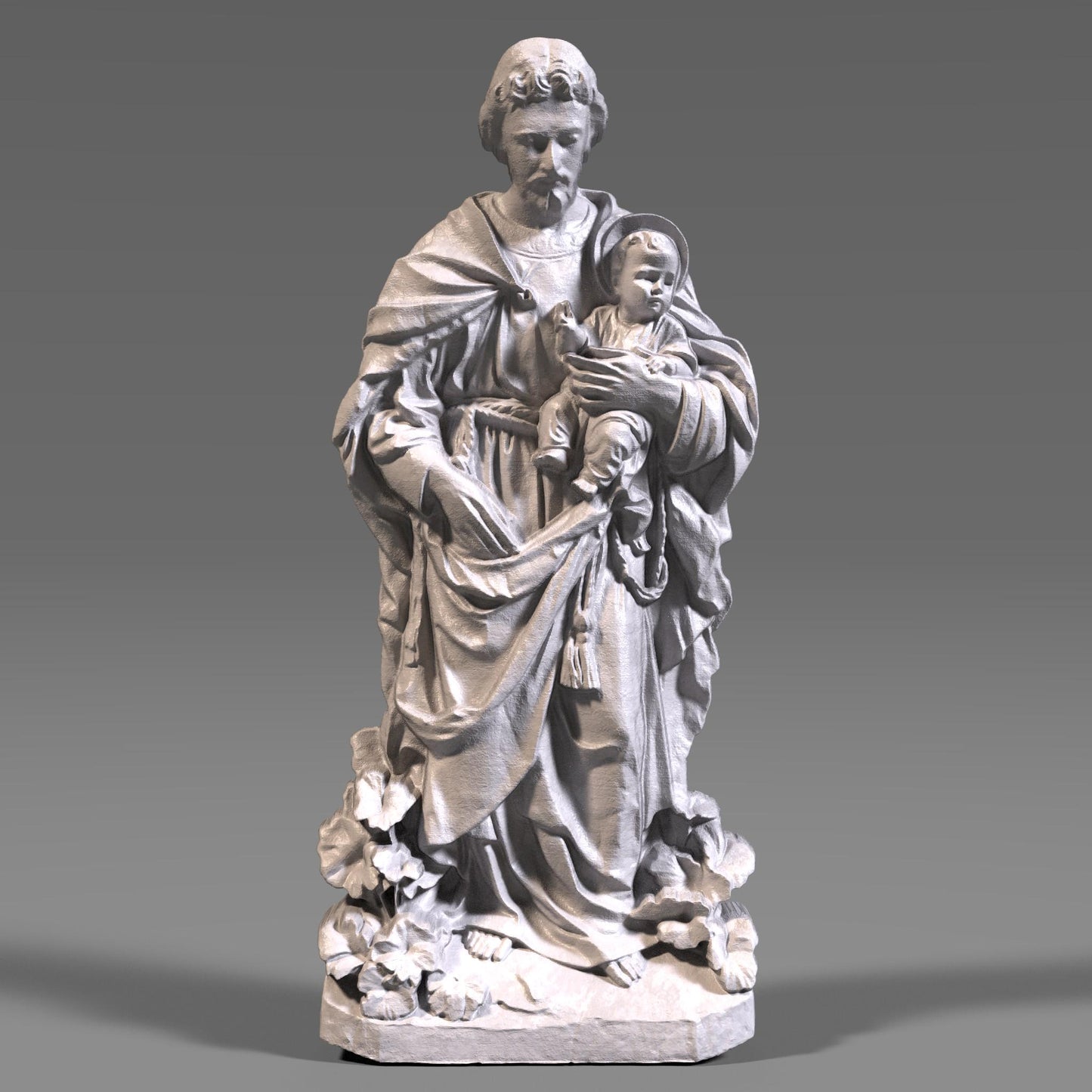 3D digital bas-relief sculpture of Saint Anthony holding Baby Jesus, standing atop a floral base with flowing robes and soft facial expressions. This sacred design is ideal for CNC carving, laser engraving, or 3D printing in wood, resin, or stone. Perfect for Catholic home decor, church walls, or devotional gifts.