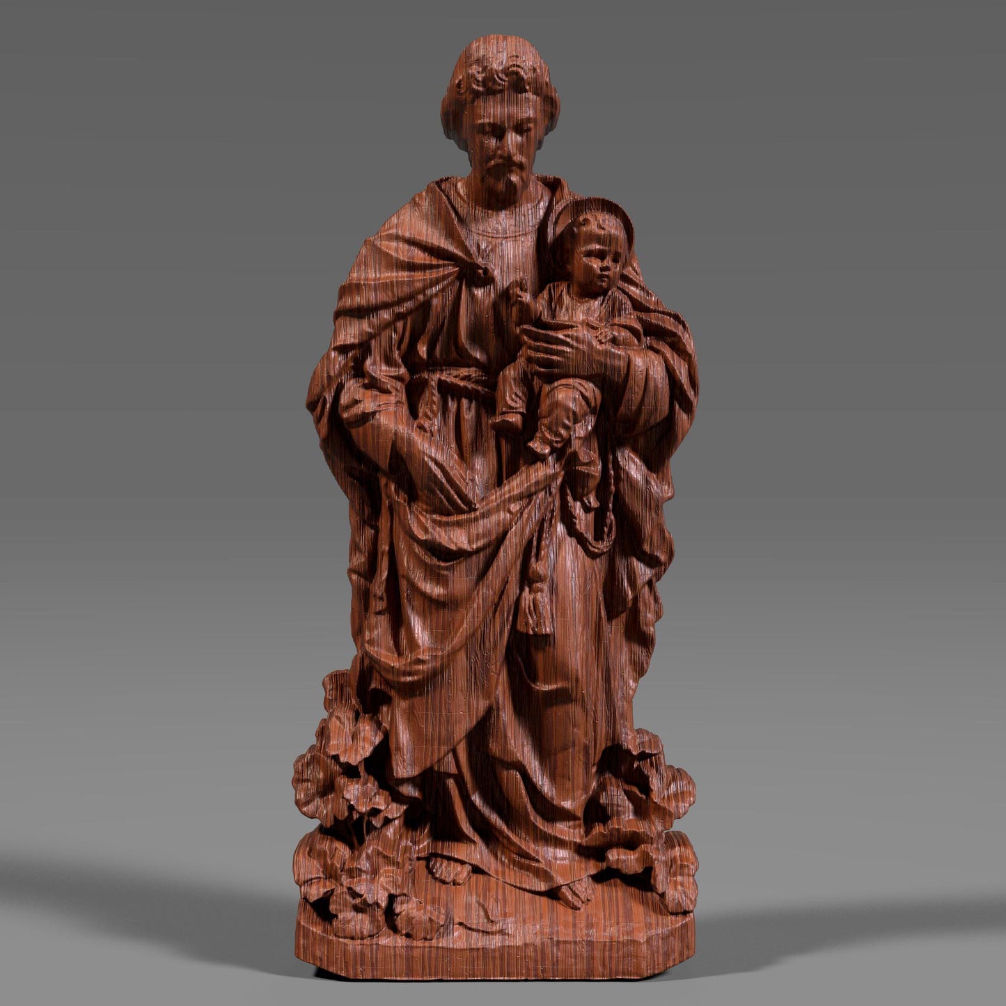 3D digital bas-relief sculpture of Saint Anthony holding Baby Jesus, standing atop a floral base with flowing robes and soft facial expressions. This sacred design is ideal for CNC carving, laser engraving, or 3D printing in wood, resin, or stone. Perfect for Catholic home decor, church walls, or devotional gifts.