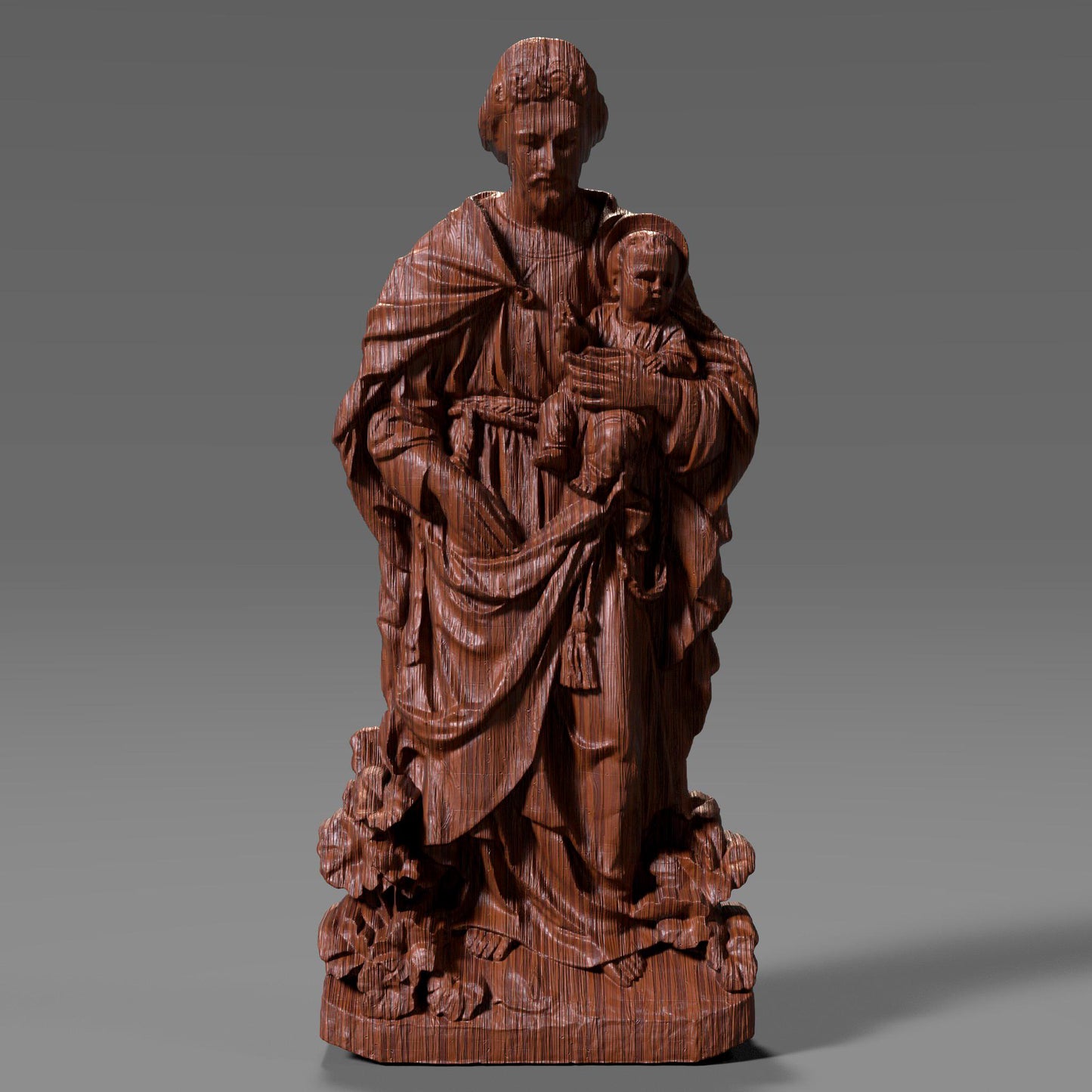 3D digital bas-relief sculpture of Saint Anthony holding Baby Jesus, standing atop a floral base with flowing robes and soft facial expressions. This sacred design is ideal for CNC carving, laser engraving, or 3D printing in wood, resin, or stone. Perfect for Catholic home decor, church walls, or devotional gifts.