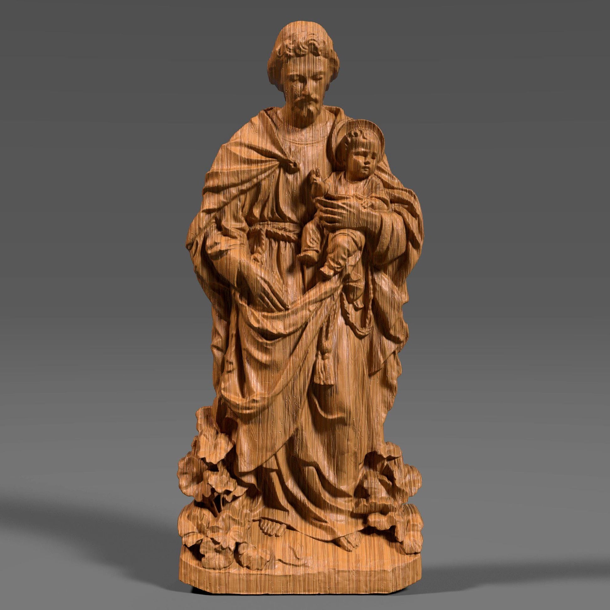 3D digital bas-relief sculpture of Saint Anthony holding Baby Jesus, standing atop a floral base with flowing robes and soft facial expressions. This sacred design is ideal for CNC carving, laser engraving, or 3D printing in wood, resin, or stone. Perfect for Catholic home decor, church walls, or devotional gifts.
