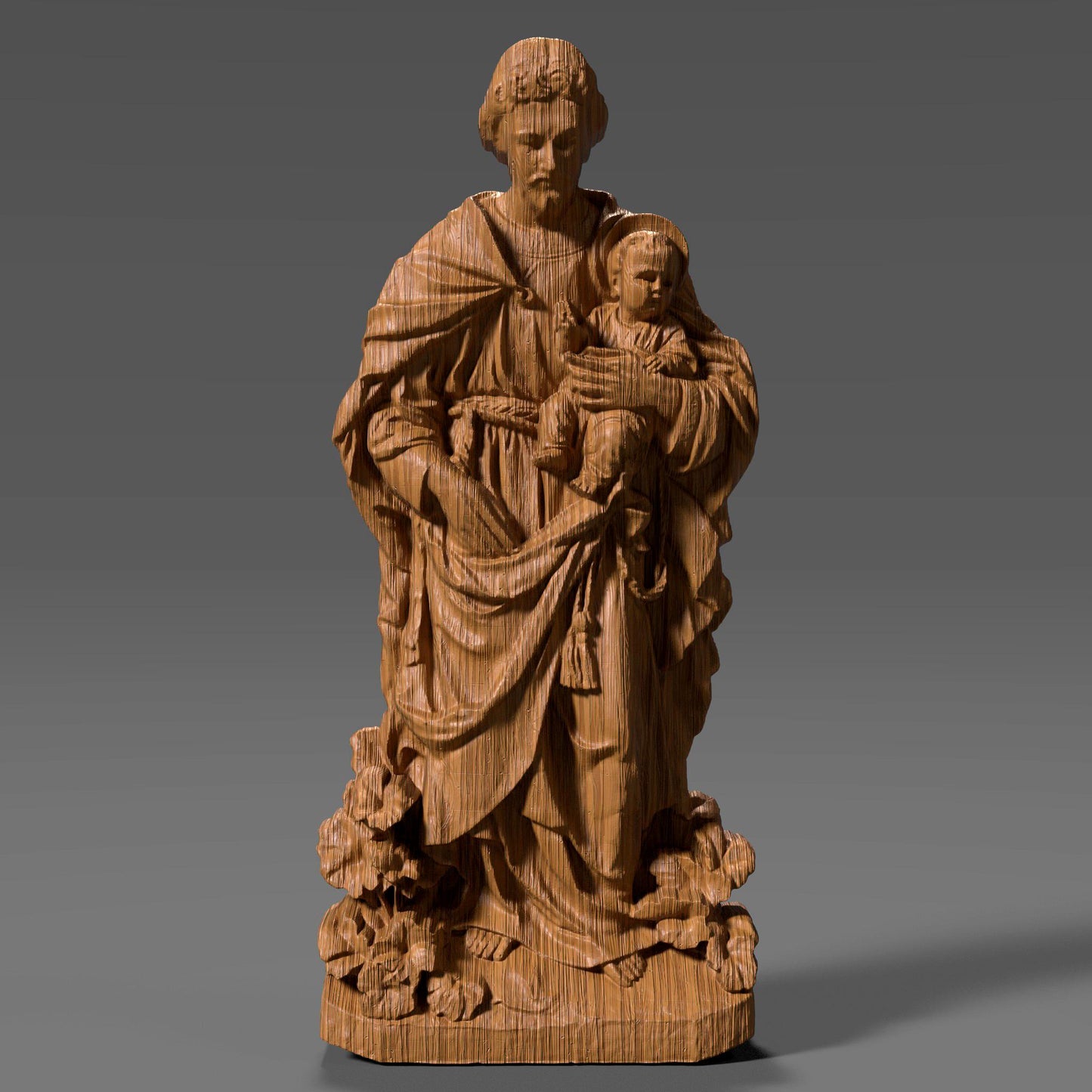 3D digital bas-relief sculpture of Saint Anthony holding Baby Jesus, standing atop a floral base with flowing robes and soft facial expressions. This sacred design is ideal for CNC carving, laser engraving, or 3D printing in wood, resin, or stone. Perfect for Catholic home decor, church walls, or devotional gifts.